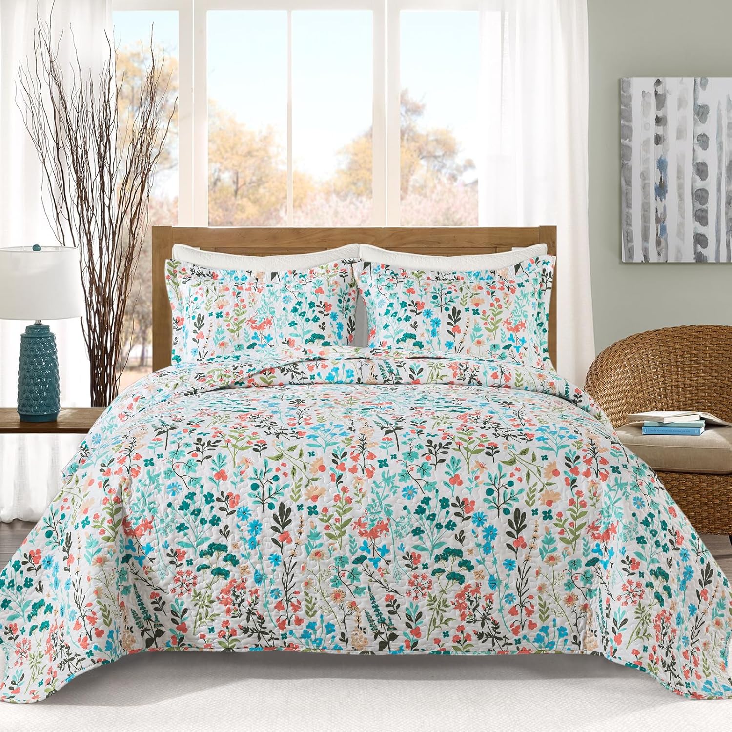 VAPUTAR Botanical King Size Quilt Set 3 Piece
