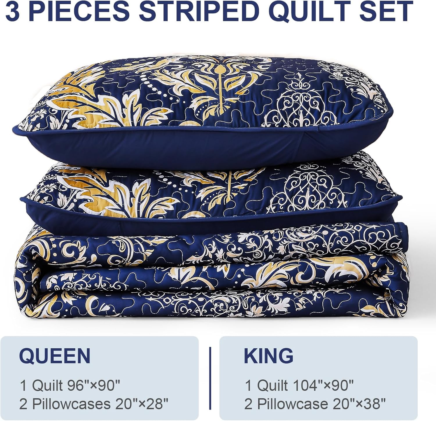 Navy Damask Quilt Set King 3Pcs Microfiber