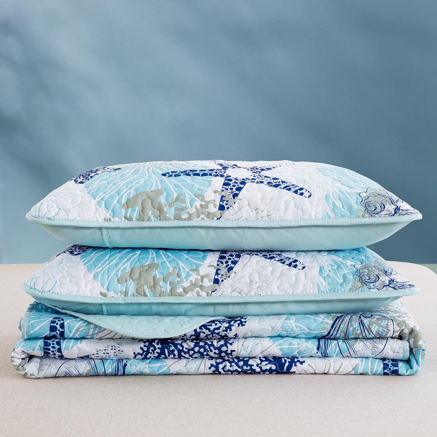 Dinjoy Coastal Quilt Set Queen Size Blue Ocean Theme