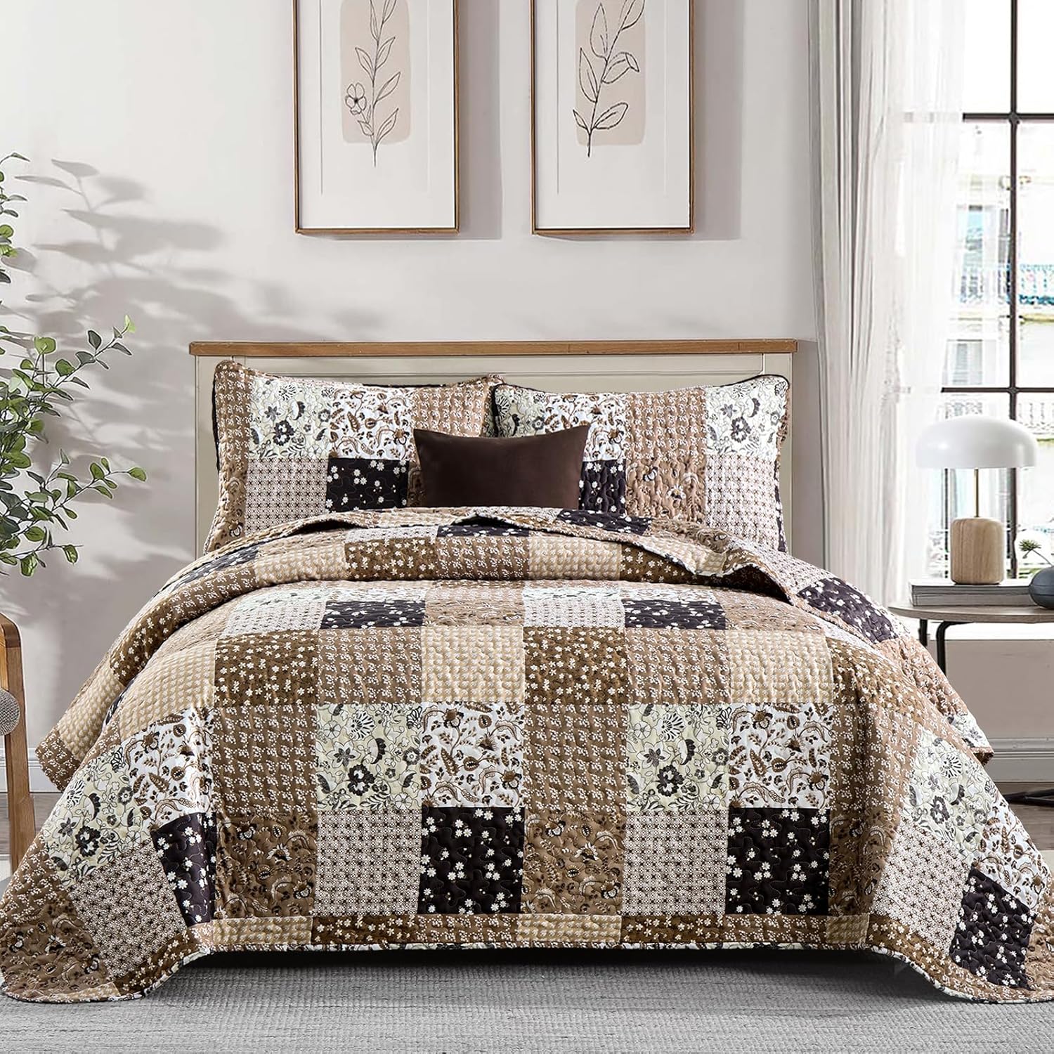 Menghomeus Brown Boho Quilt Set Queen