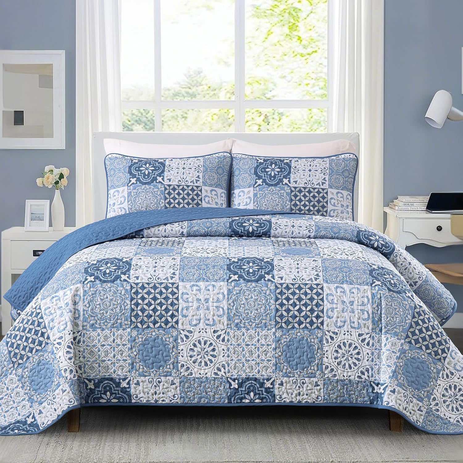 Dobuyly Blue Quilt Set King Size 3 Piece