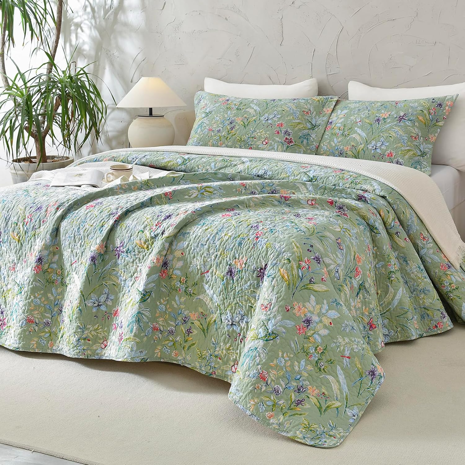 Lady Ann Green Floral 100 Cotton Queen Quilt Set