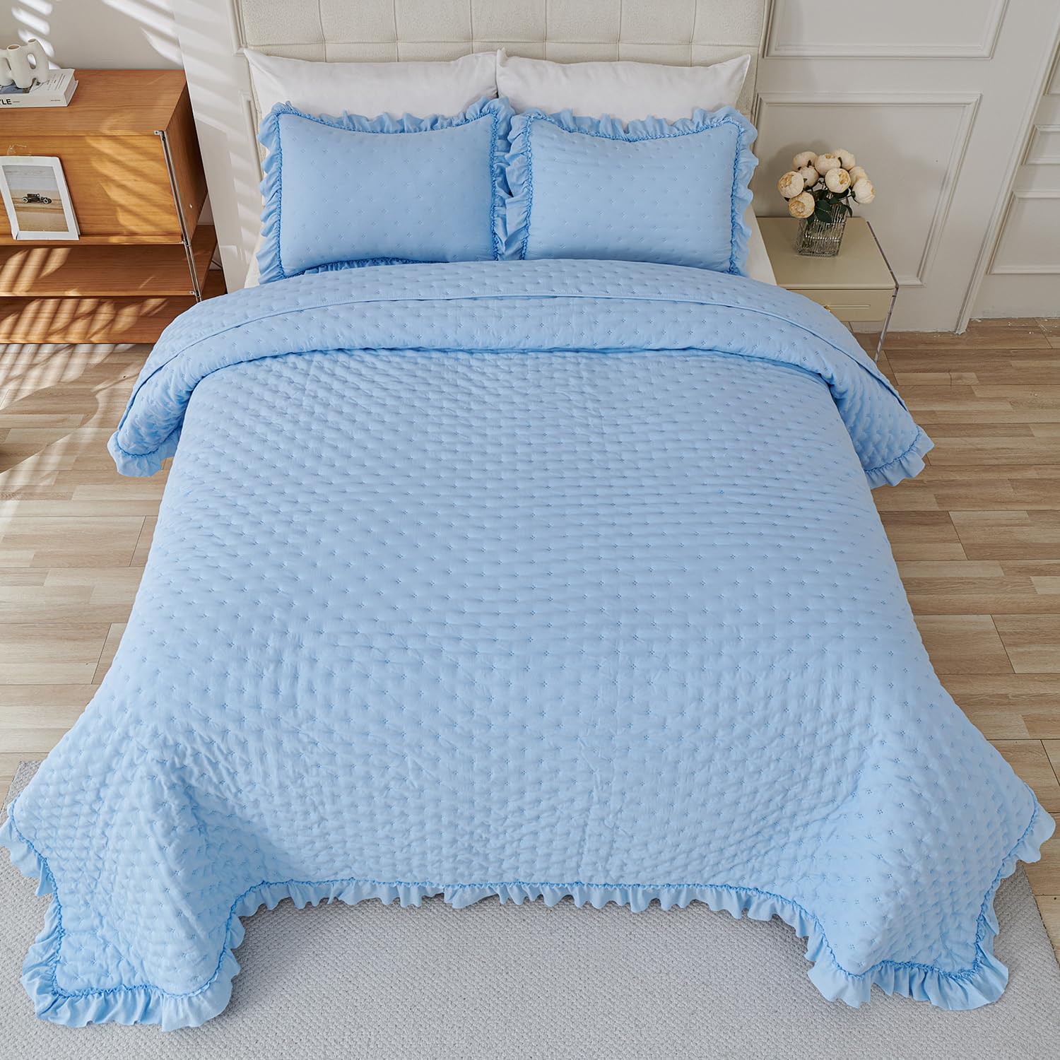 Cmfshape Bedding Set 3 Pieces Ultrasonic Quilt with Ruffled Edges