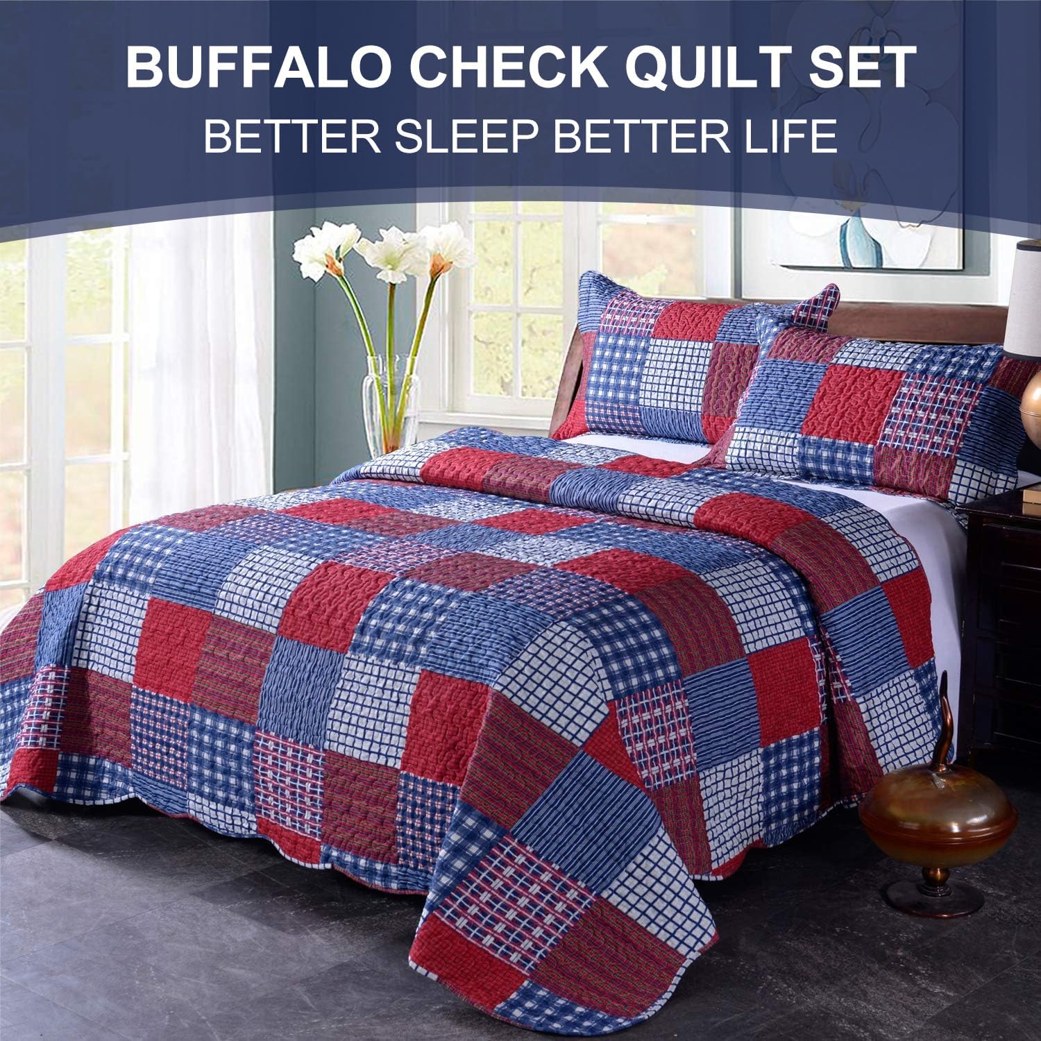 Hailea Red Blue Plaid Quilt Set Twin Size