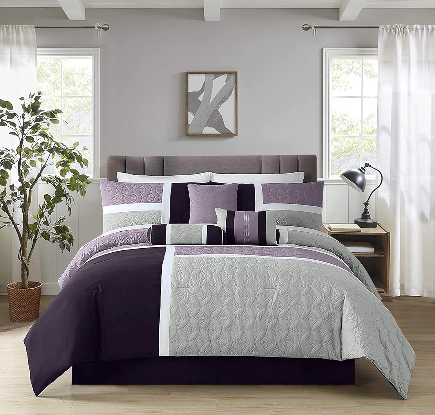 Chezmoi Upland 7-Piece Quilted Comforter Set LavenderGrayPurple California King