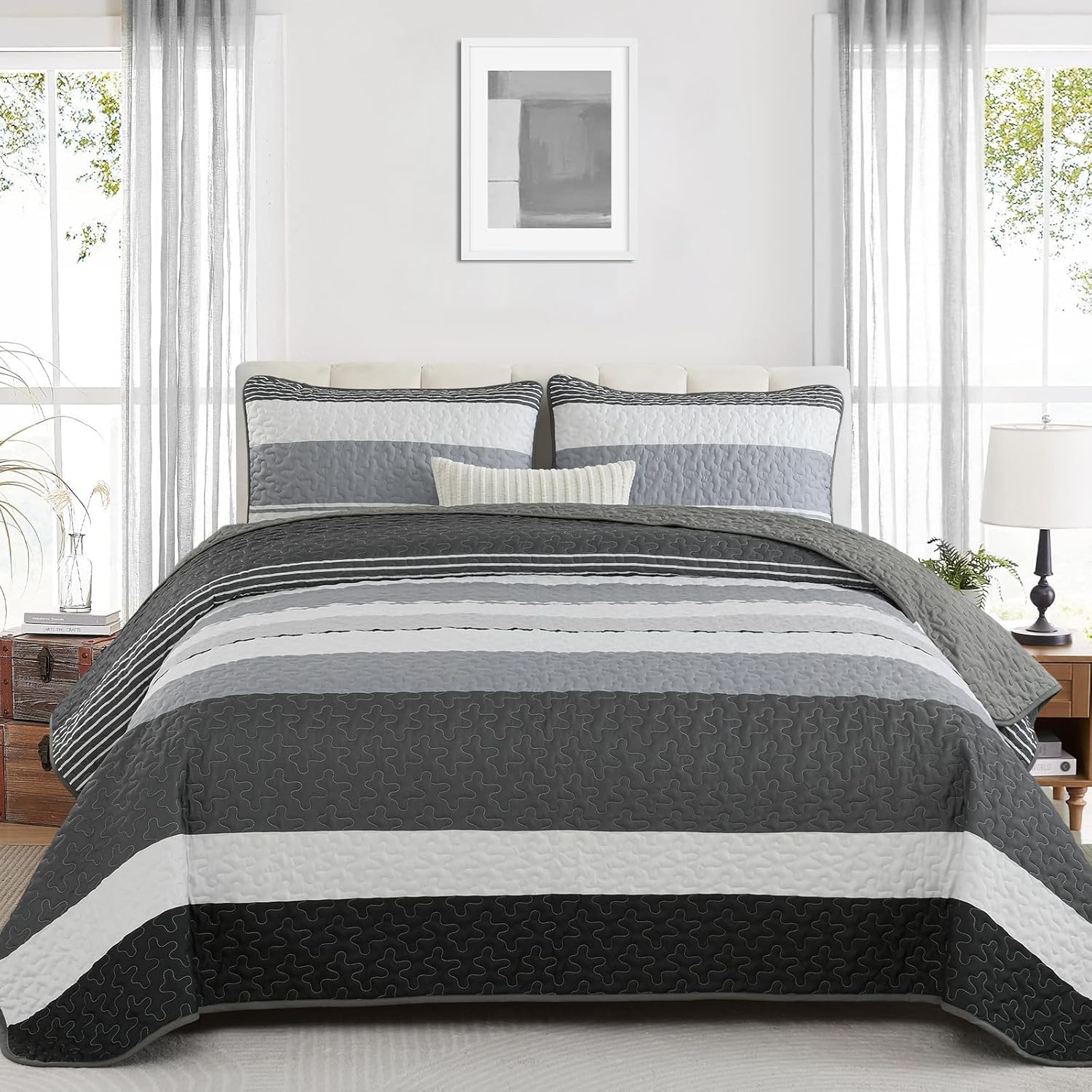 Dinjoy Boho Quilt Set Queen - Black White with Grey Striped