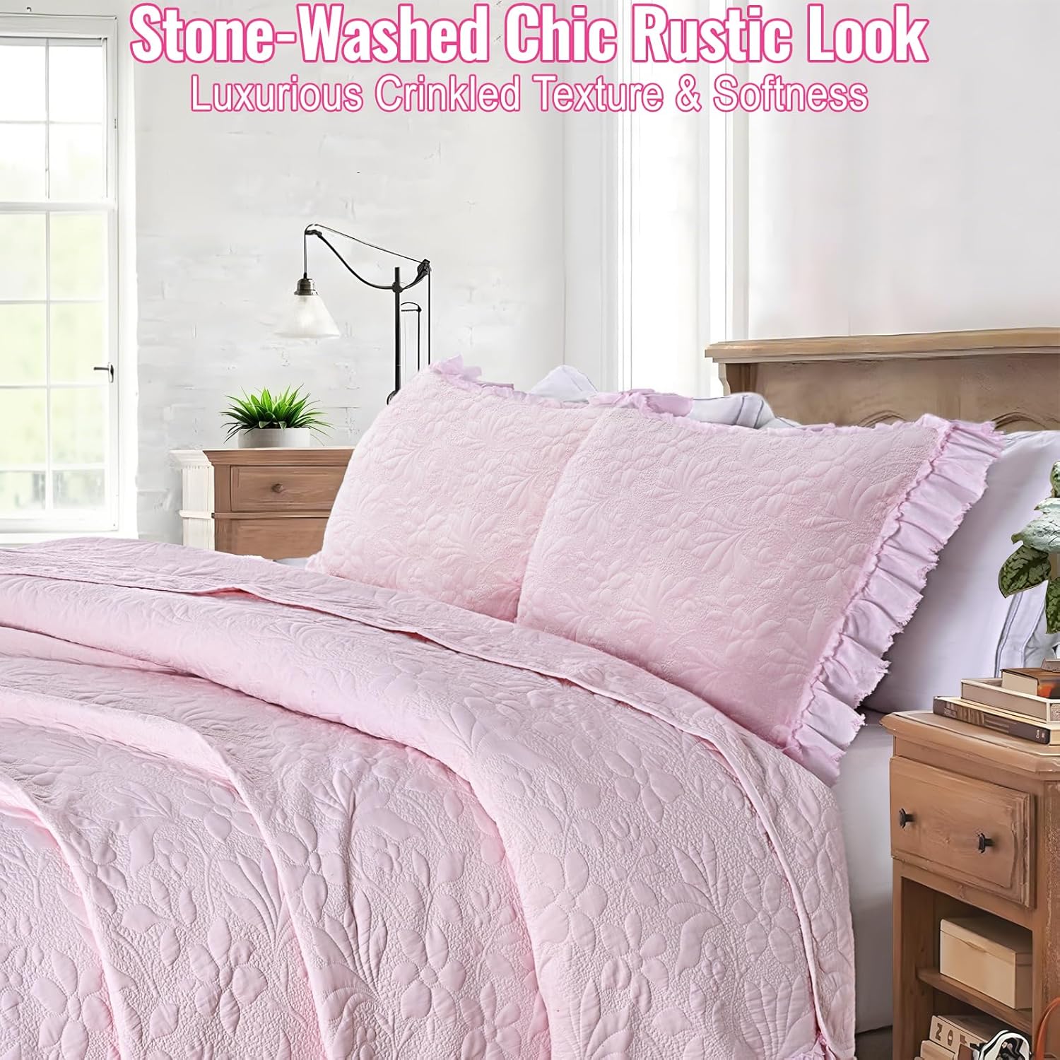 Uspring Pink Ruffled Floral Queen Comforter Set 3 Piece