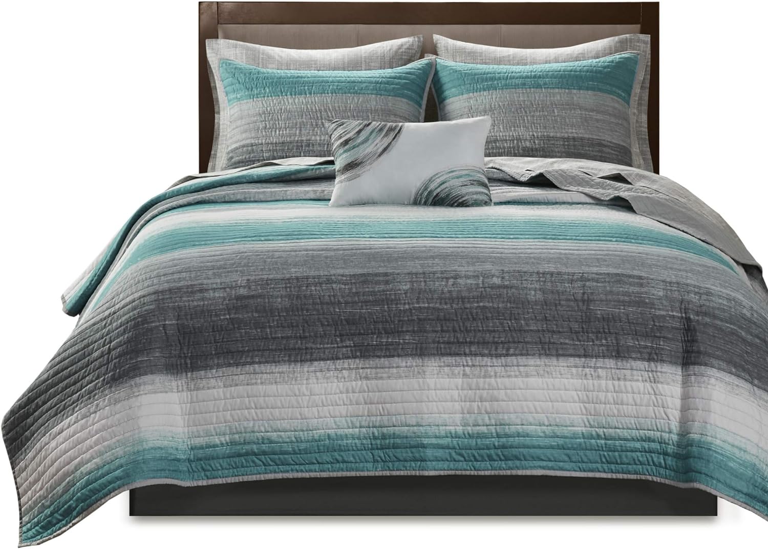 Madison Park Essentials Saben Reversible Quilt Set - Geometric Stripes Aqua 8 Piece