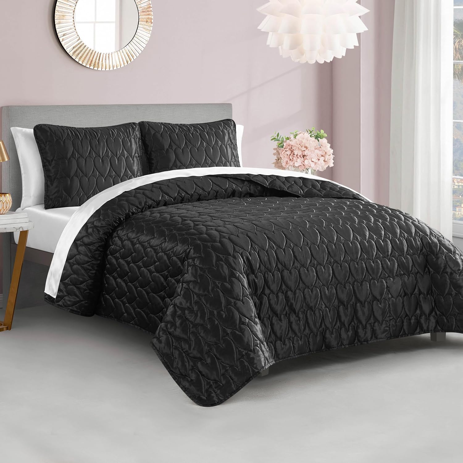 Juicy Couture Satin Heart 3-Piece Quilt Set Black