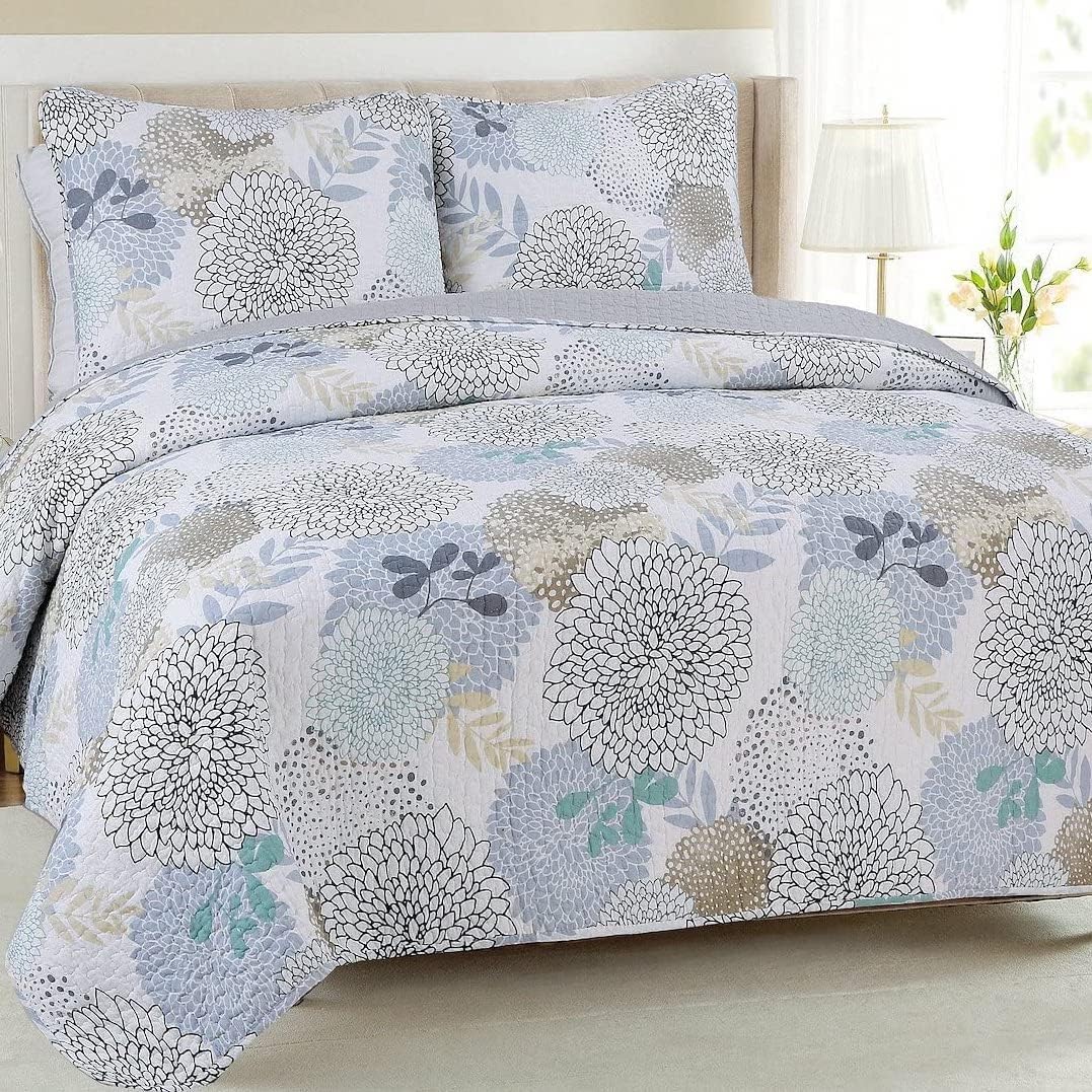 Cozy Line Nina Trista Flowers Aqua Blue Reversible Quilt Bedding Set
