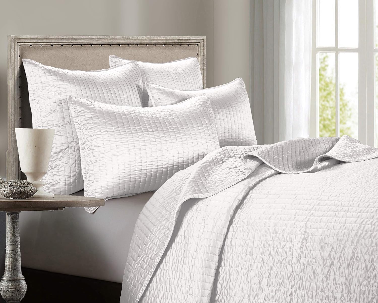 Indigo Hill Satin Quilt Set 3 Piece Super Queen White