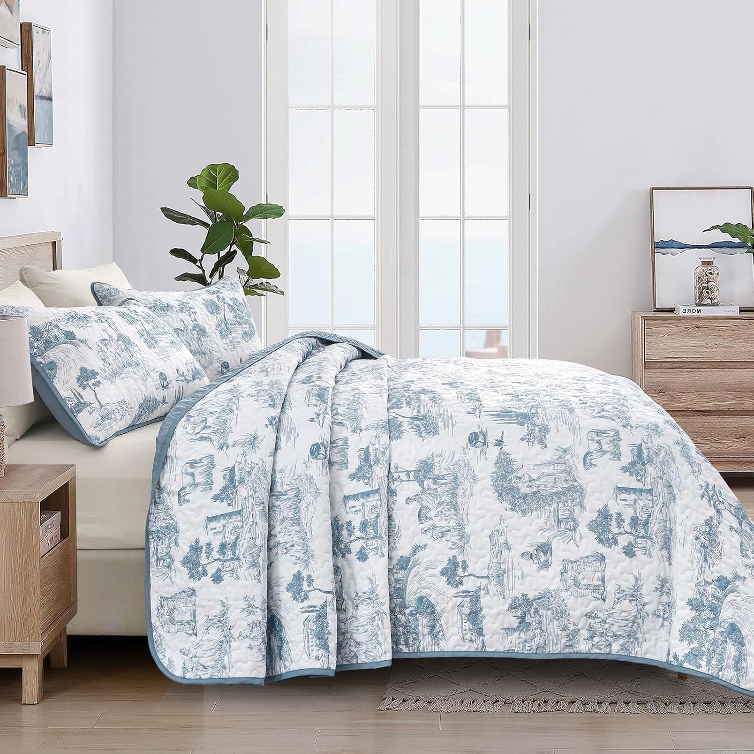 Drucon Blue Quilt Set King Size 3 Pieces Farmhouse Design