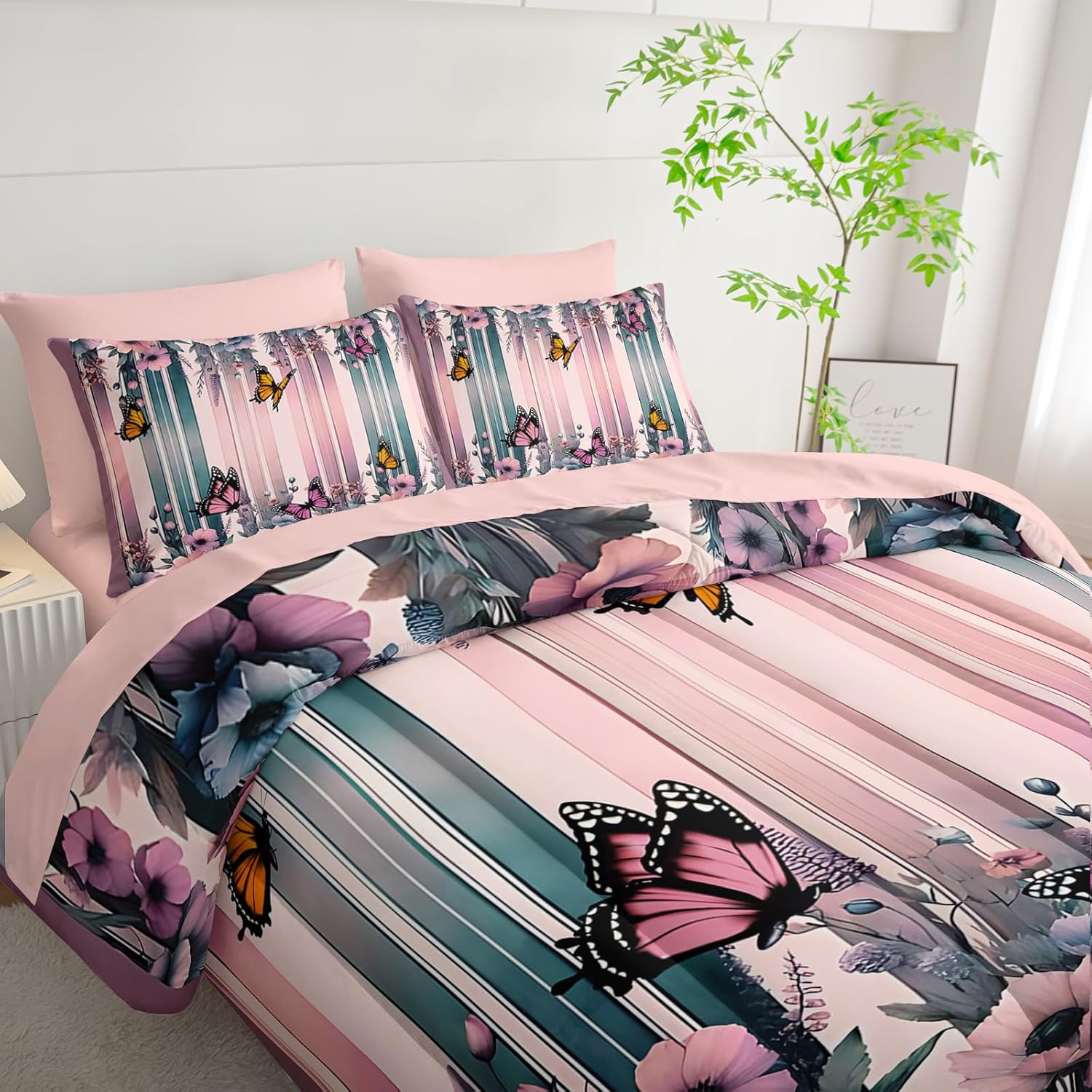 Pink Butterfly Comforter Set Queen 7 Piece