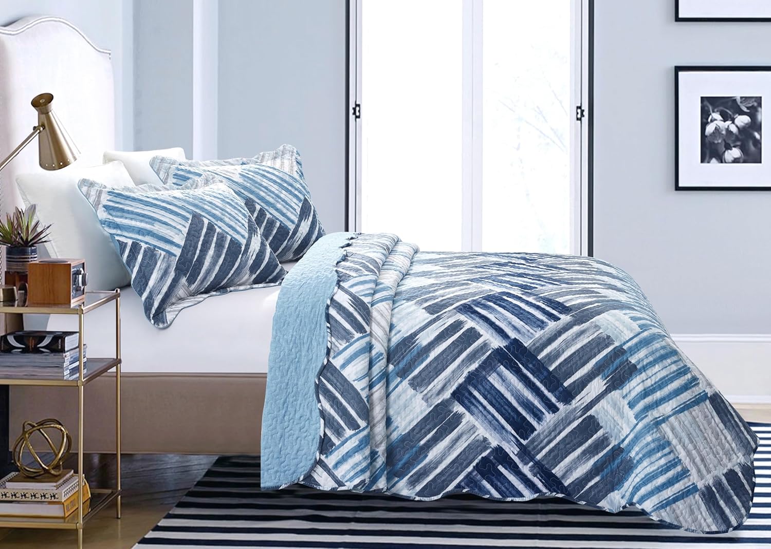 Brilliant Sunshine Blue Grey Stripe Quilt Set 3-Piece 1