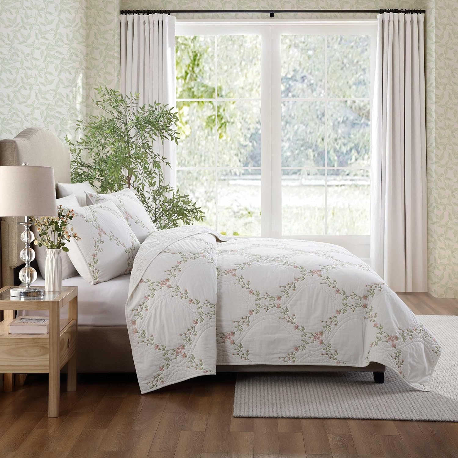 Laura Ashley Twin Quilt Set with Floral Embroidery