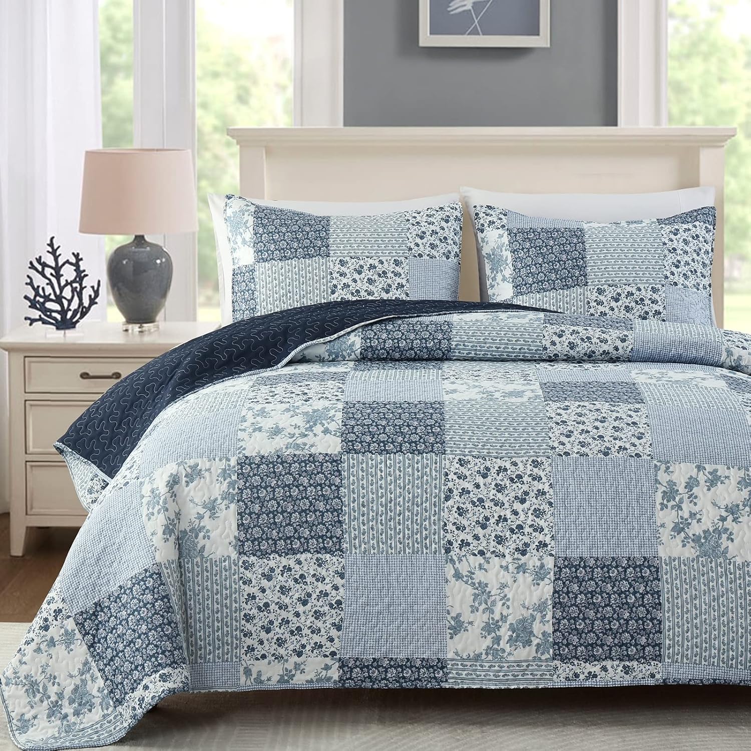 Boryard 3-Piece Queen Quilt Set Navy Blue Plaid Print