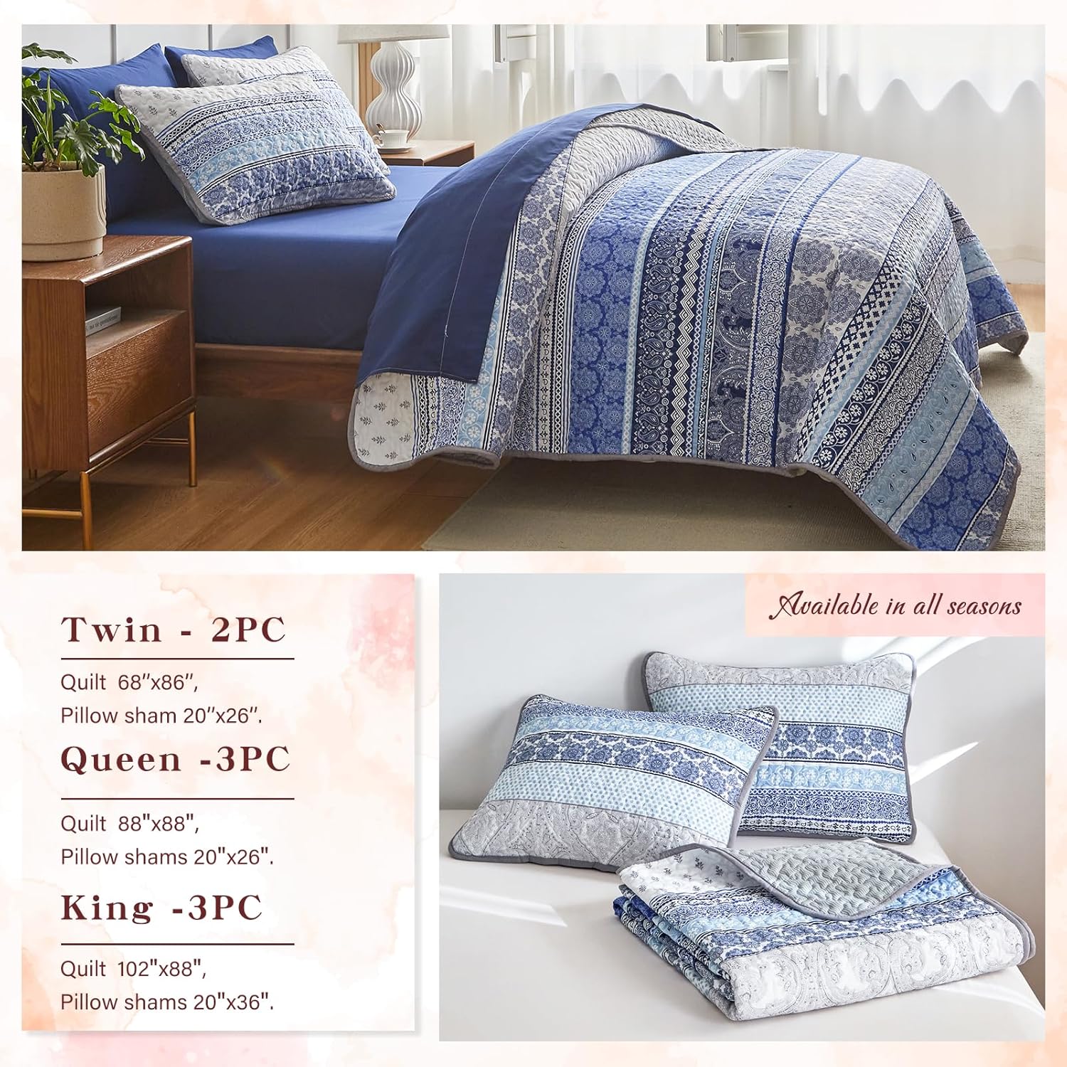 3 Piece Bohemian Quilt Set King Size Blue Grey Striped