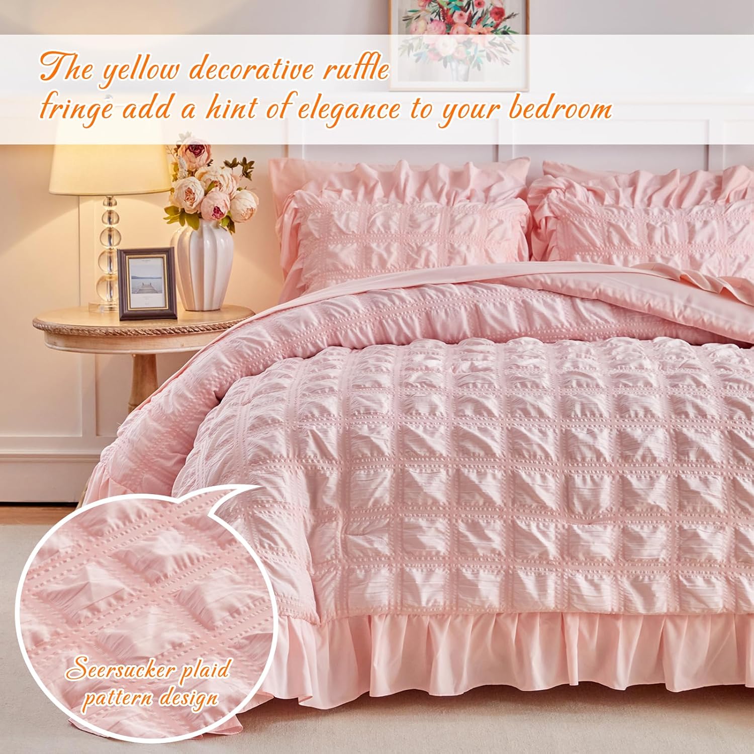 Tititada Blush Pink Plaid Seersucker Comforter Set