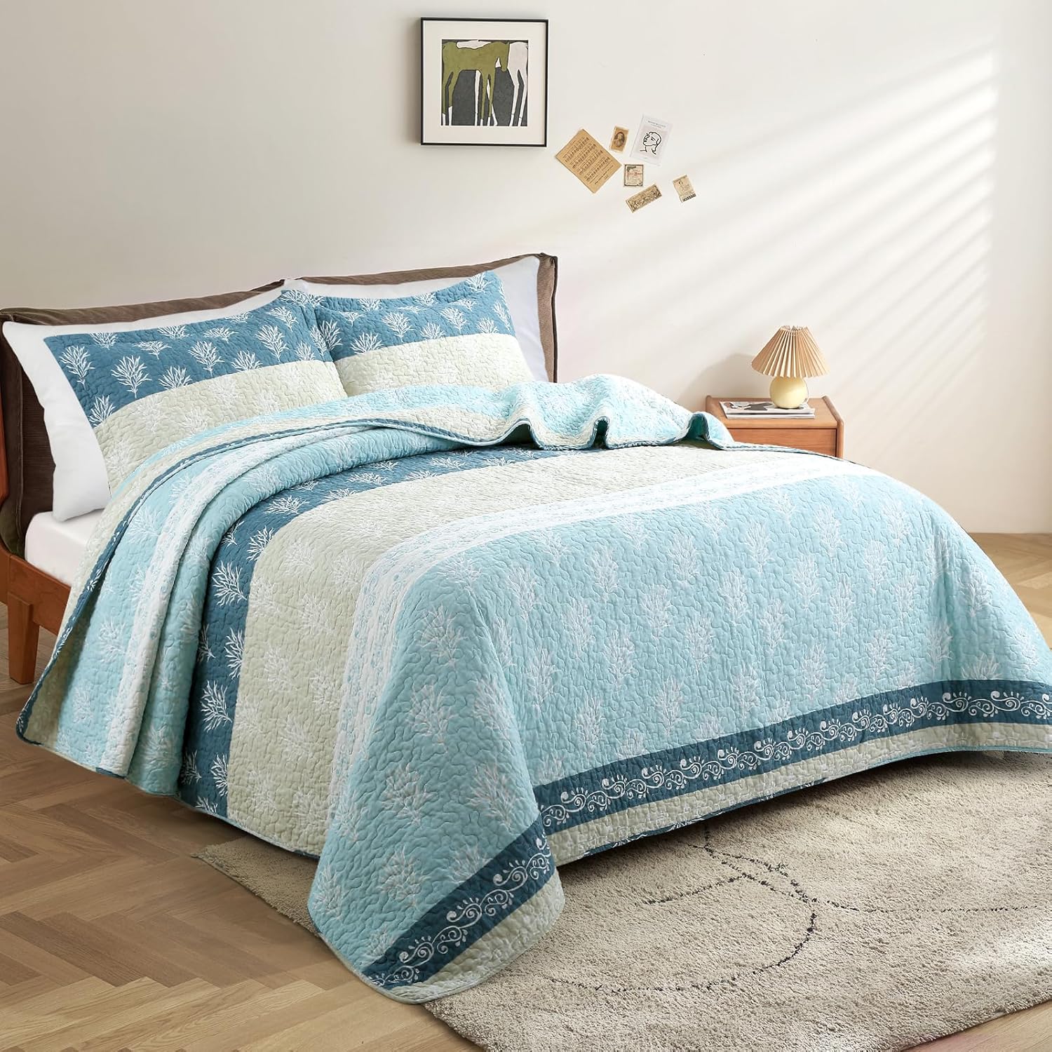 UYOF King Quilt Set - 100 Cotton Reversible Comforter with Shams