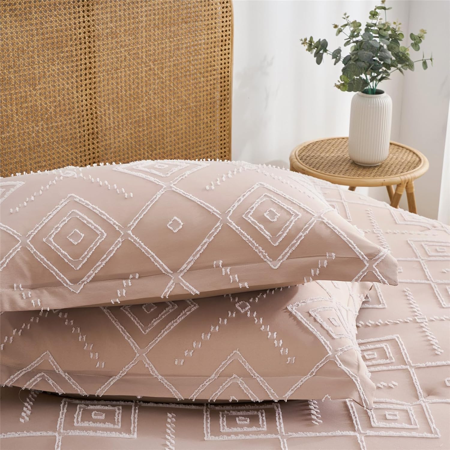 KAKKI Blush Pink Tufted Queen Comforter Set 7 Piece