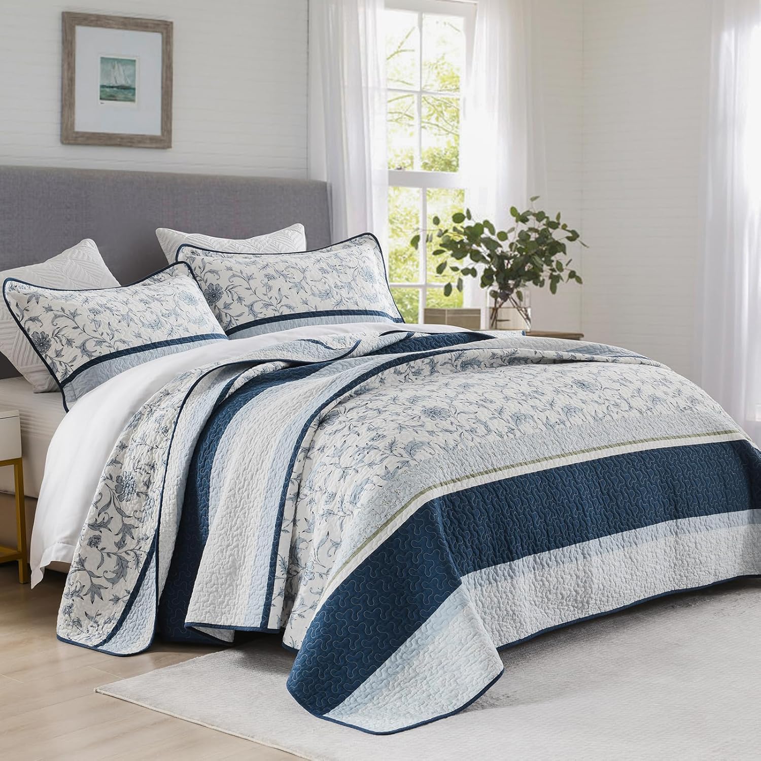 DUOHONG 100 Cotton King Quilt Set 3pcs Navy Blue White