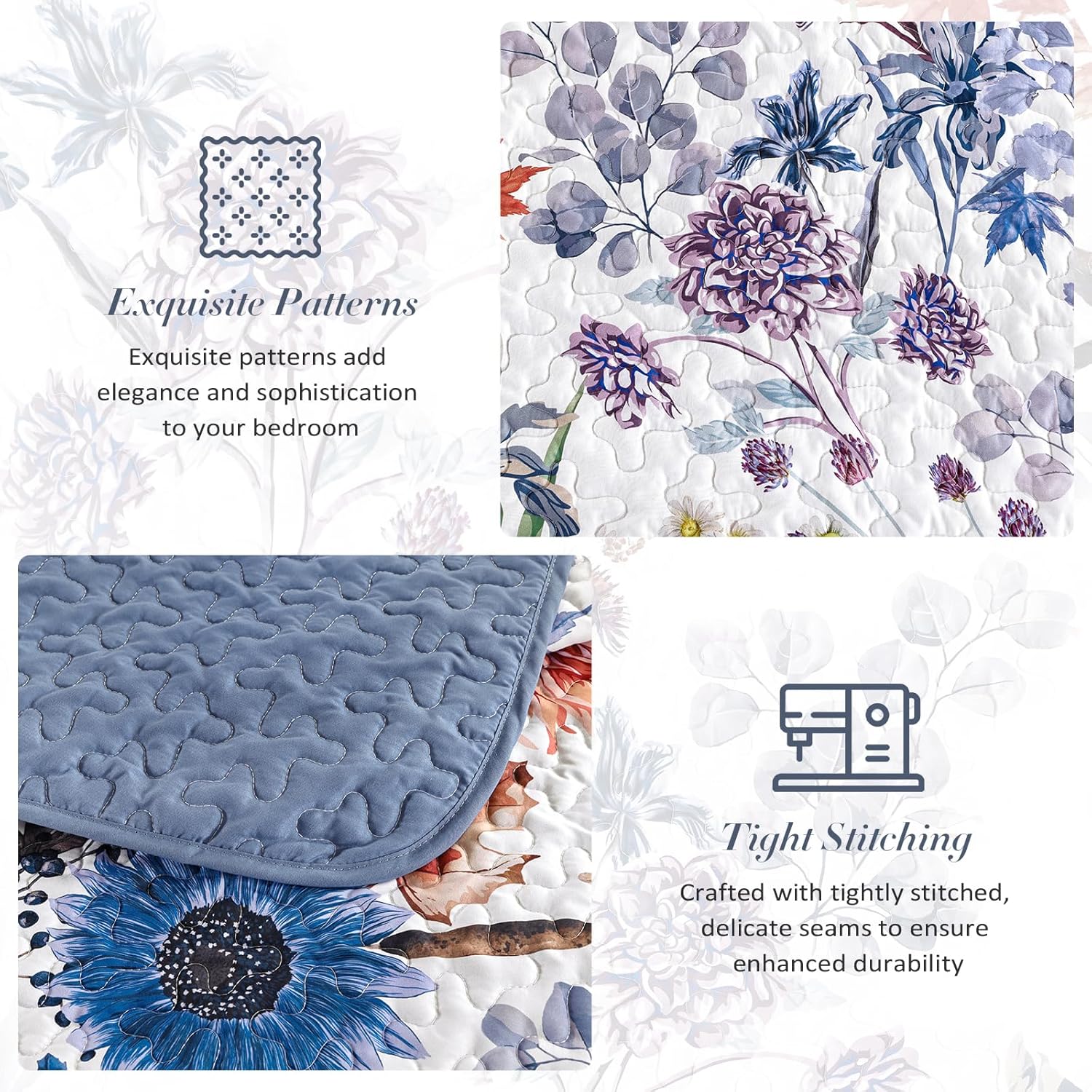 Yiran Blue Floral Queen Quilt Set 3-Piece
