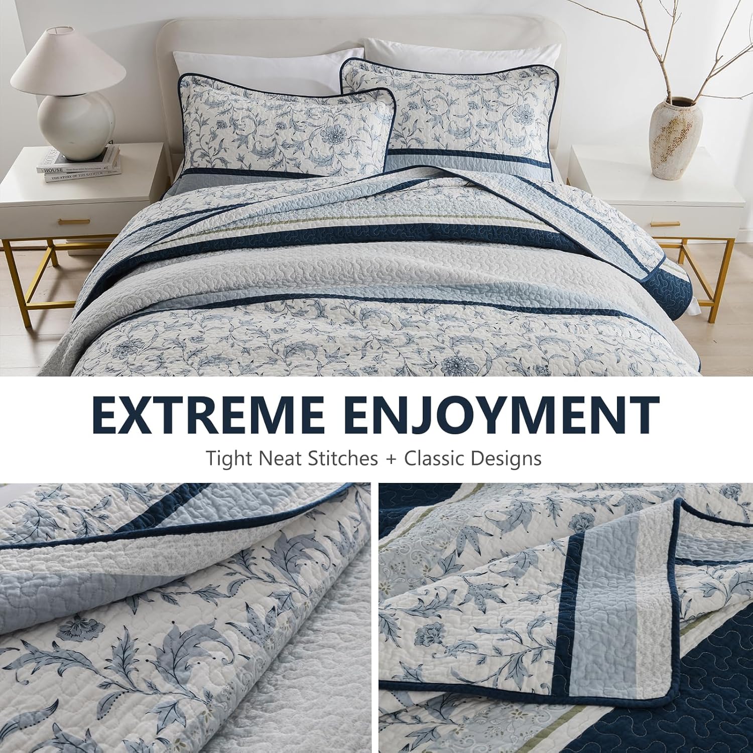 DUOHONG 100 Cotton King Quilt Set 3pcs Navy Blue White