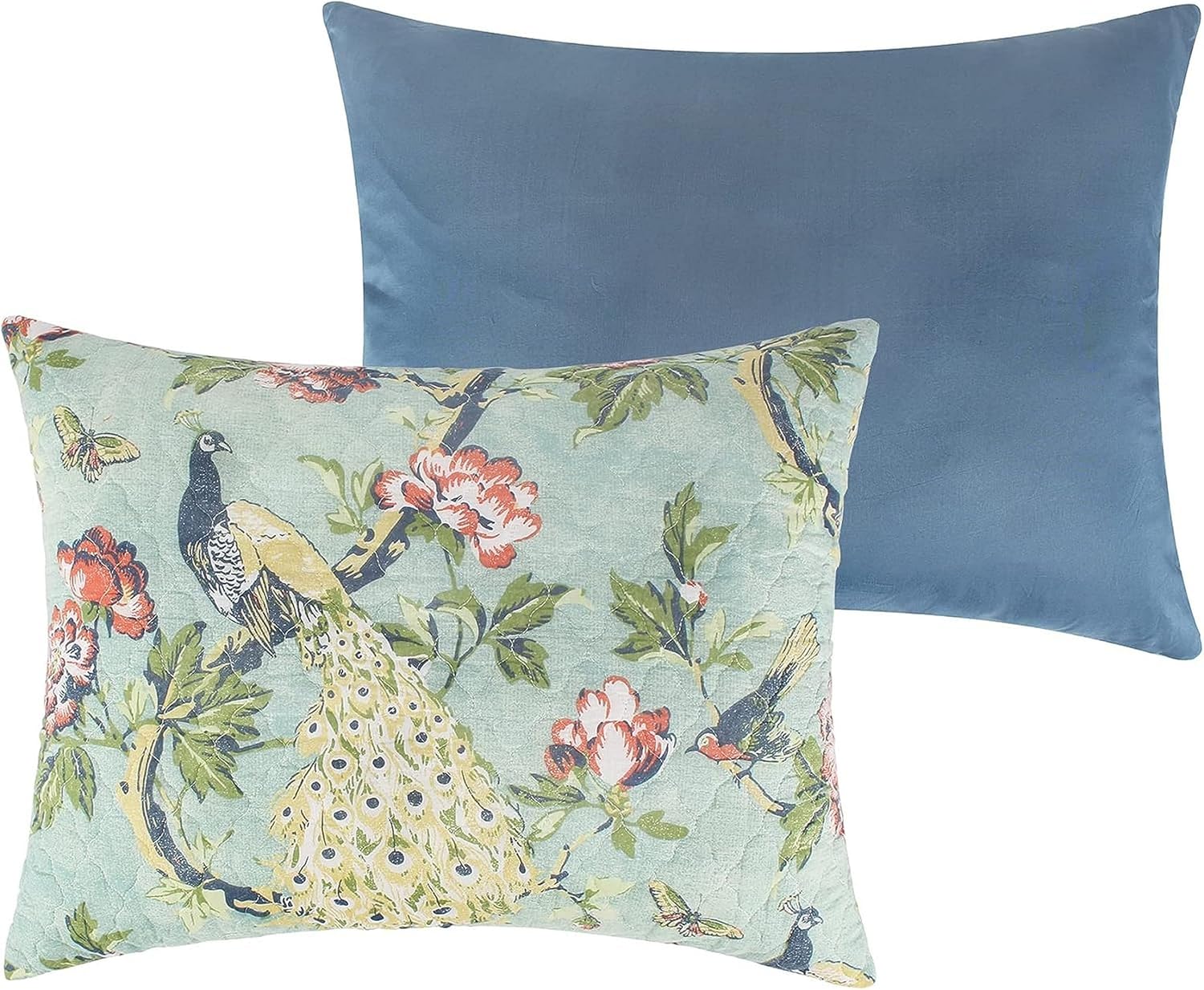Benjara Eden Twin XL Quilt Set Peacock and Songbirds Microfiber Green and Blue