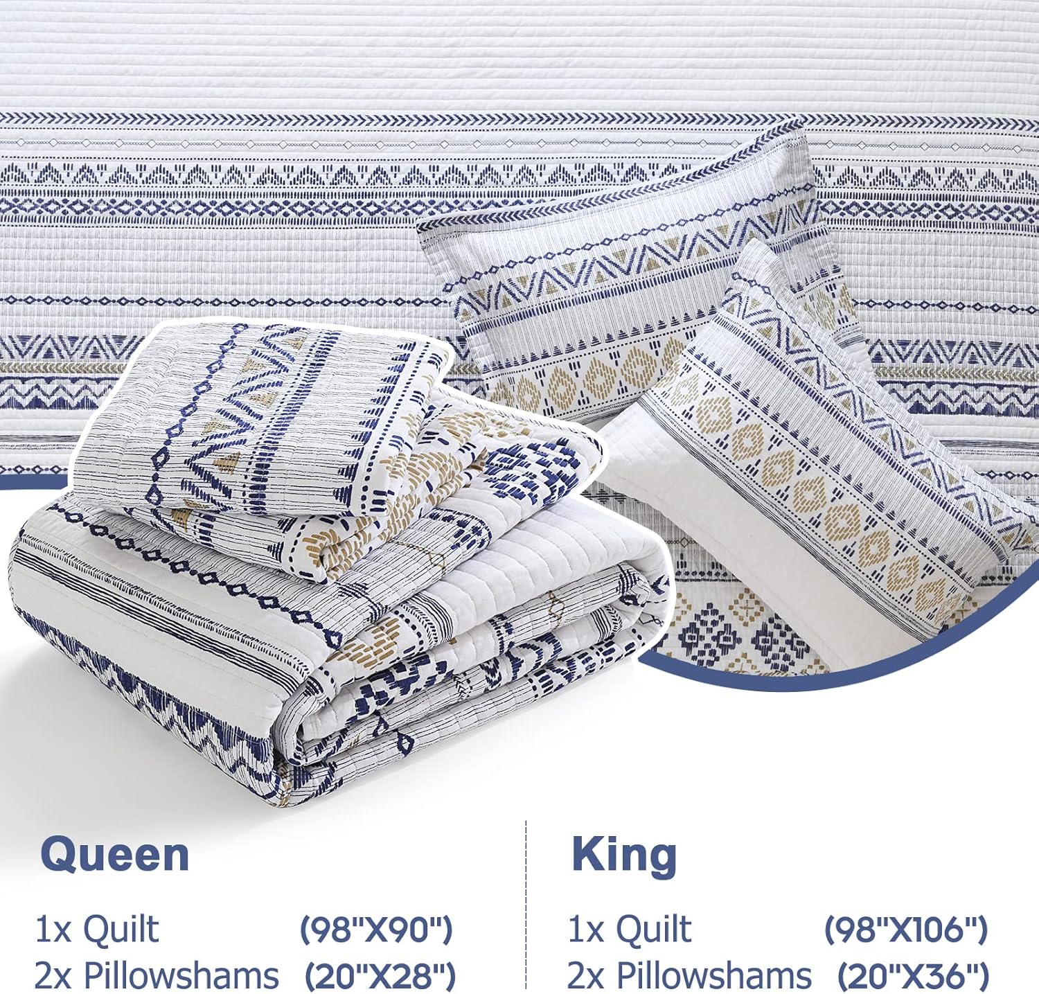 Finlonte Boho Quilt Set Queen Size 3 PCS White Navy Striped