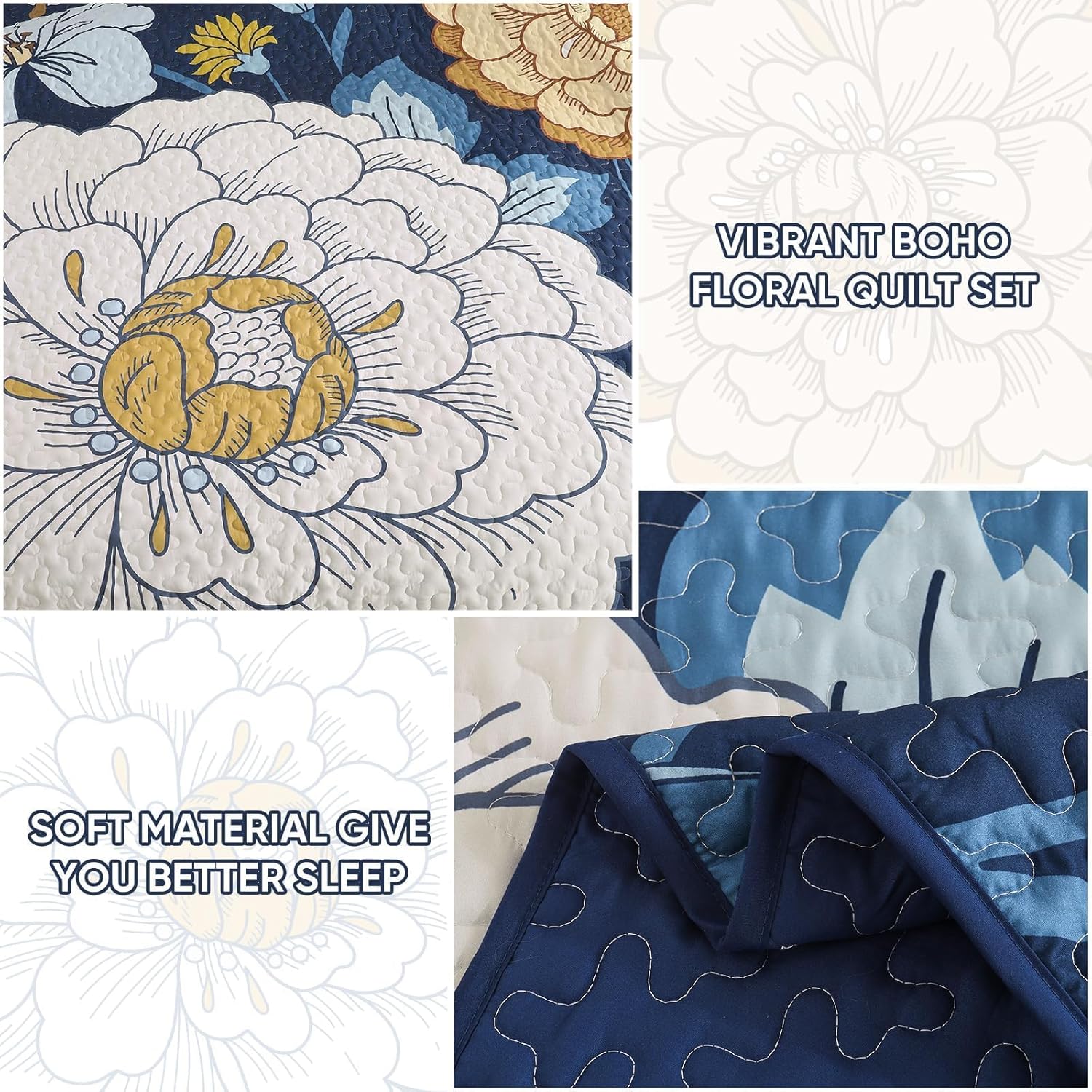 DJY Navy Floral Quilt Set 3 Piece Boho