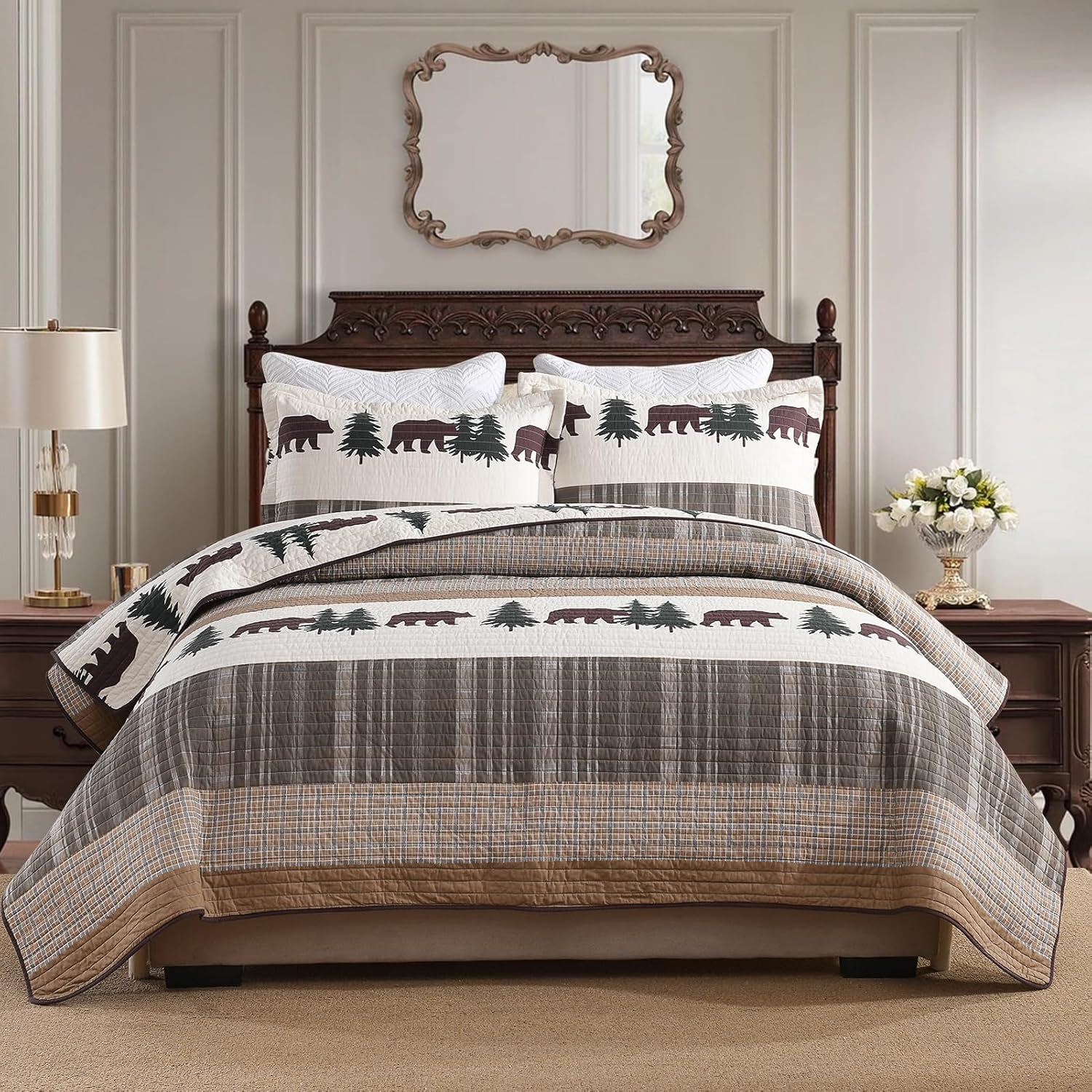 SahSahCasa Queen Quilt Set - Forest Farmhouse Reversible Cotton Comforter
