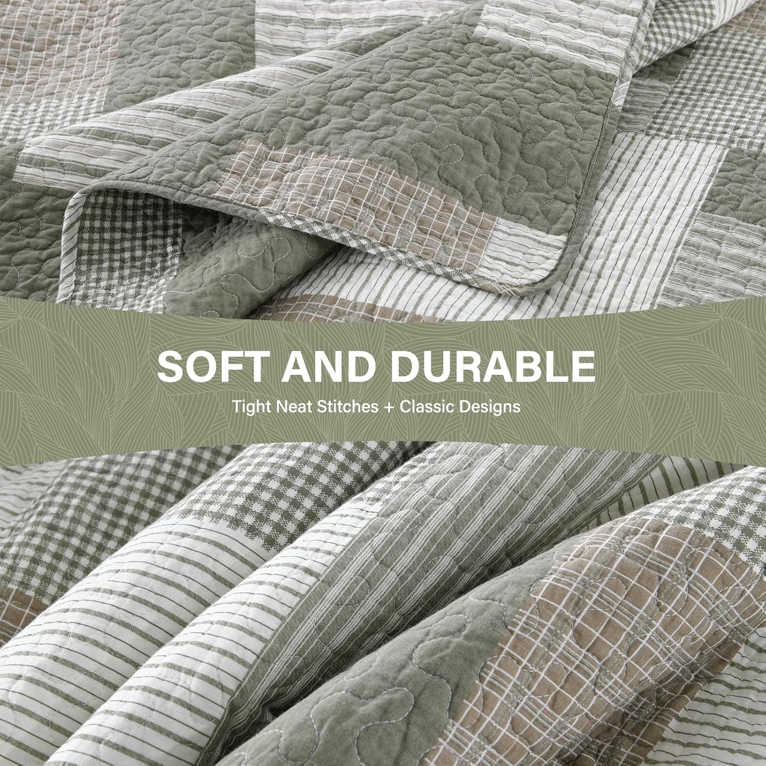 SahSahCasa Queen Size Quilt Set 3Pcs Green Brown