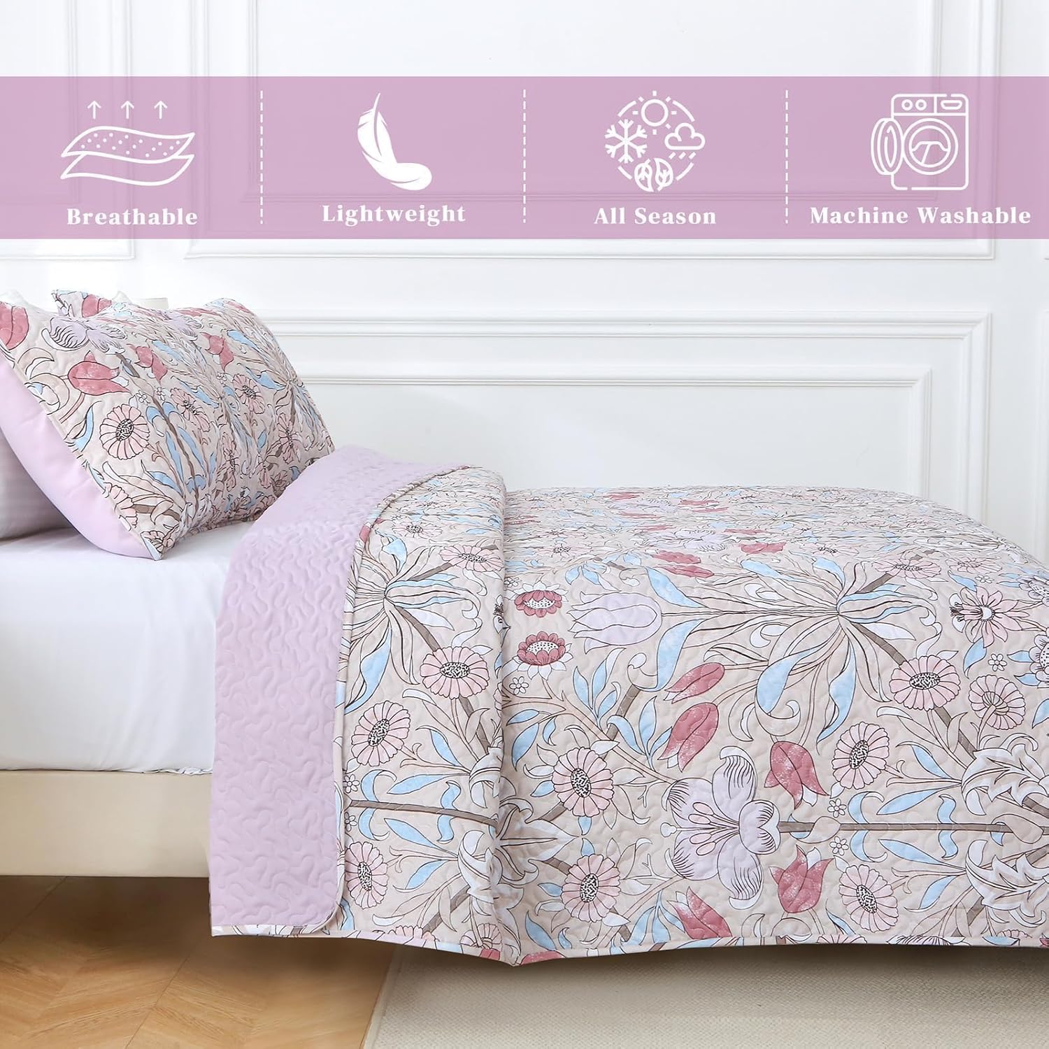 Heymybed Botanical Quilt Set Queen Size Pink Floral