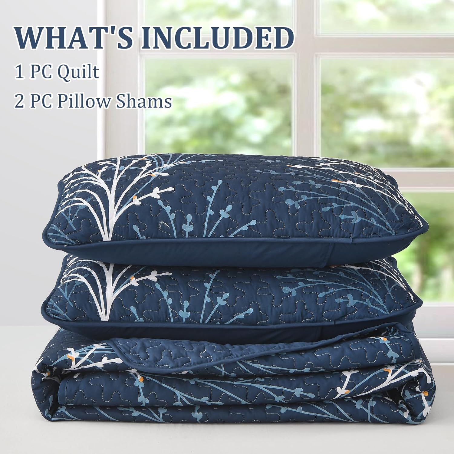 Navy Queen Quilt Set with Reversible Floral Design
