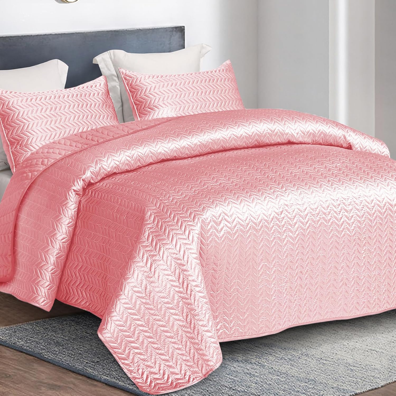 Whale Flotilla Silky Soft Satin Quilt Set Queen Size Pink