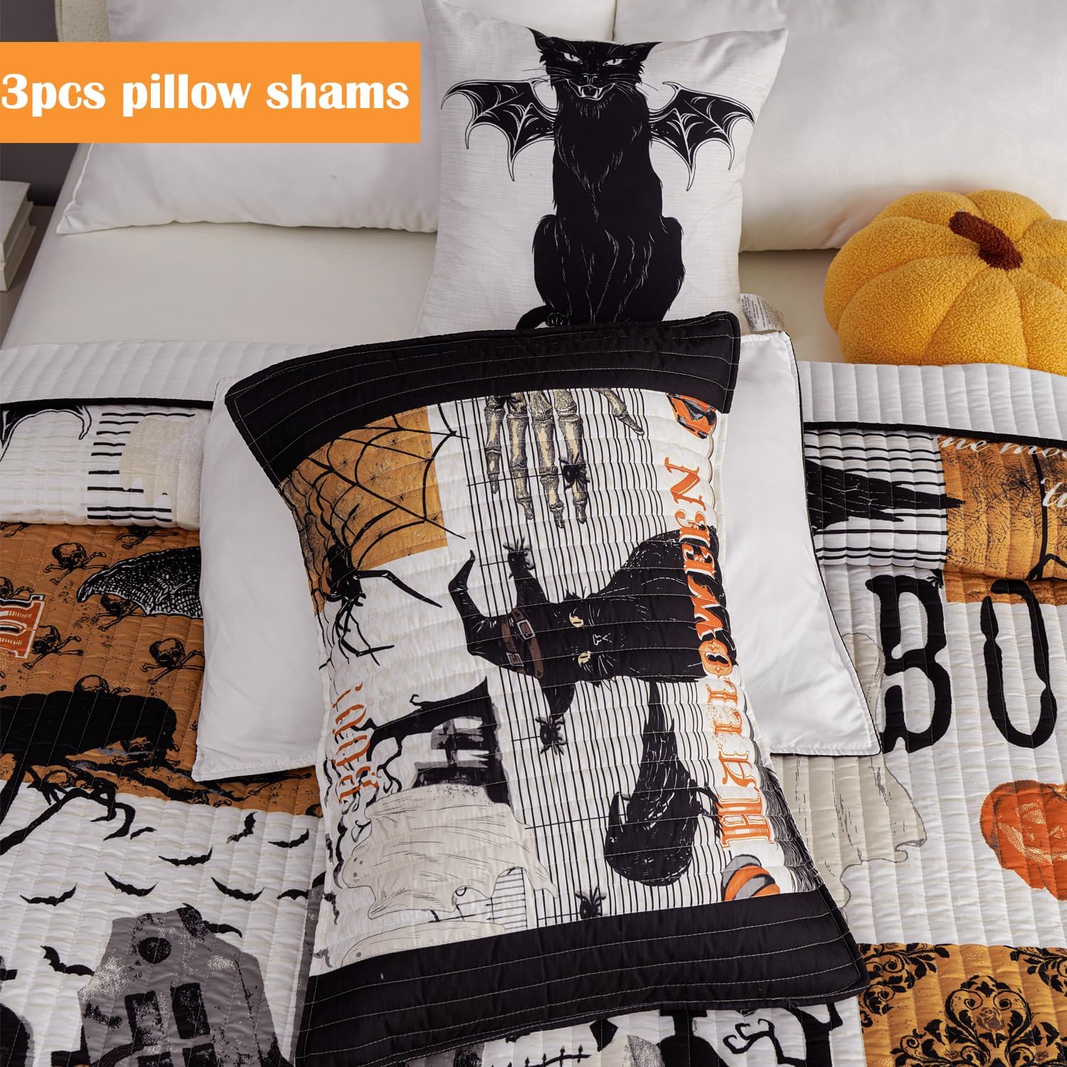 EVENHUG Halloween Queen Quilt Set with Pillow Shams 1