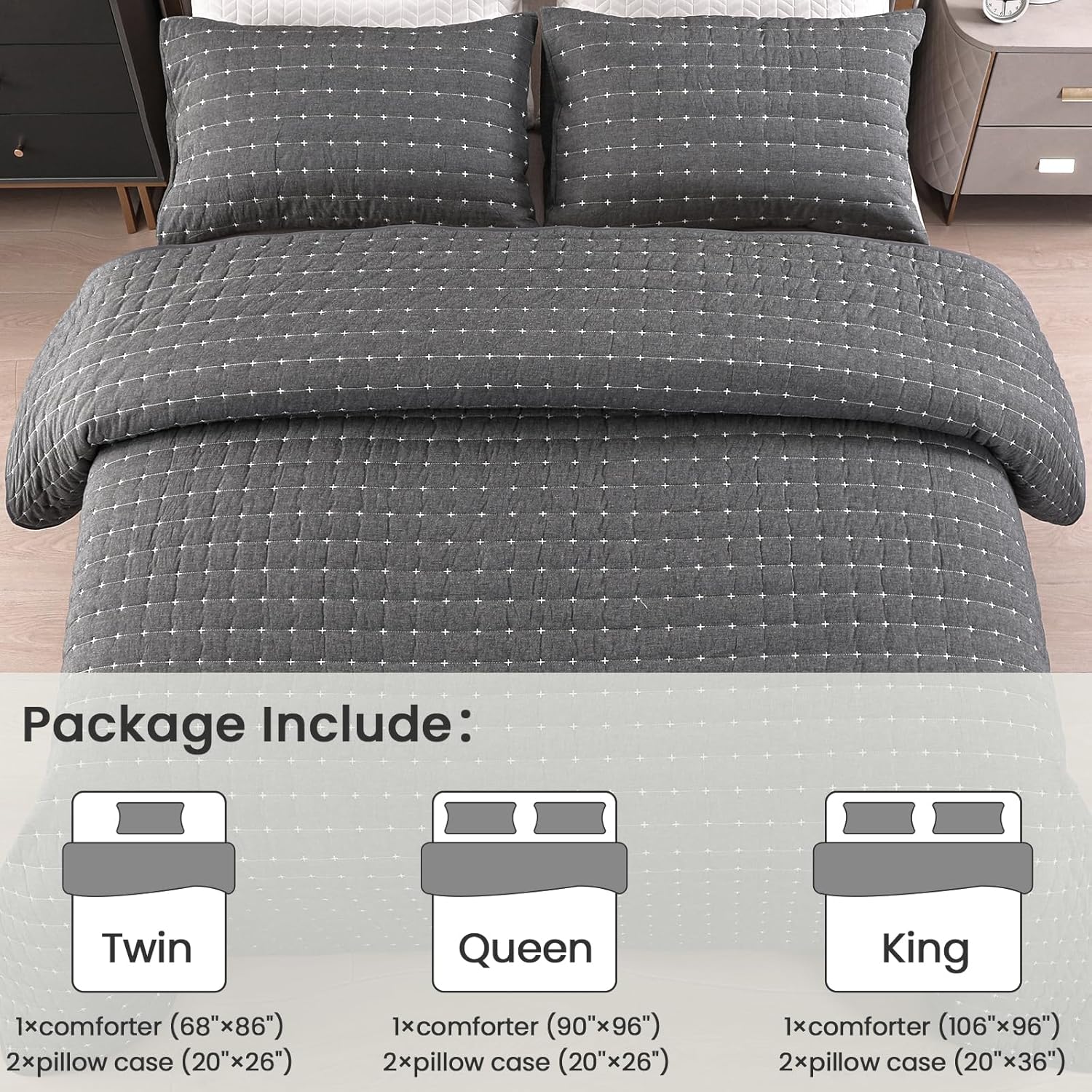 ENJOHOS 100 Cotton Quilt Set Twin XL Dark Grey