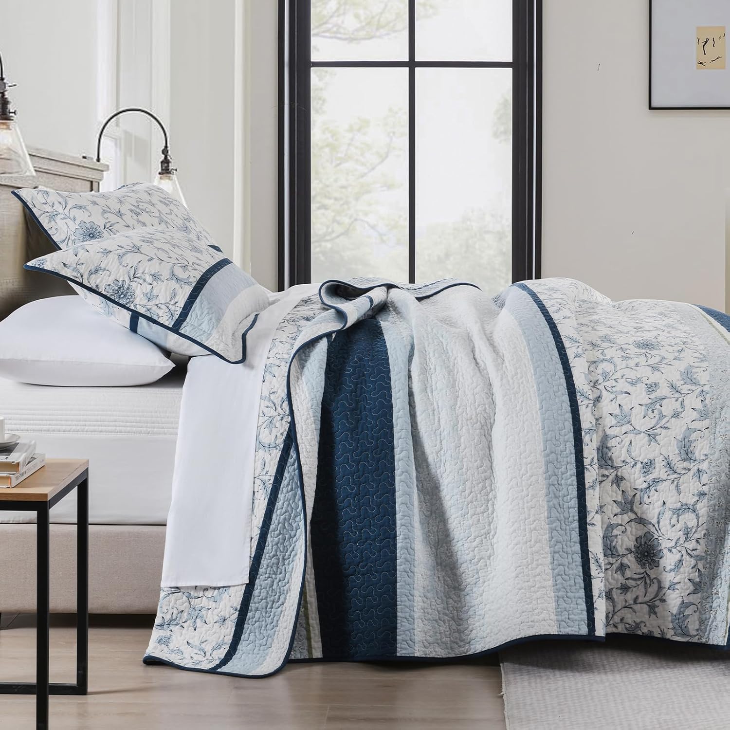 DUOHONG 100 Cotton King Quilt Set 3pcs Navy Blue White
