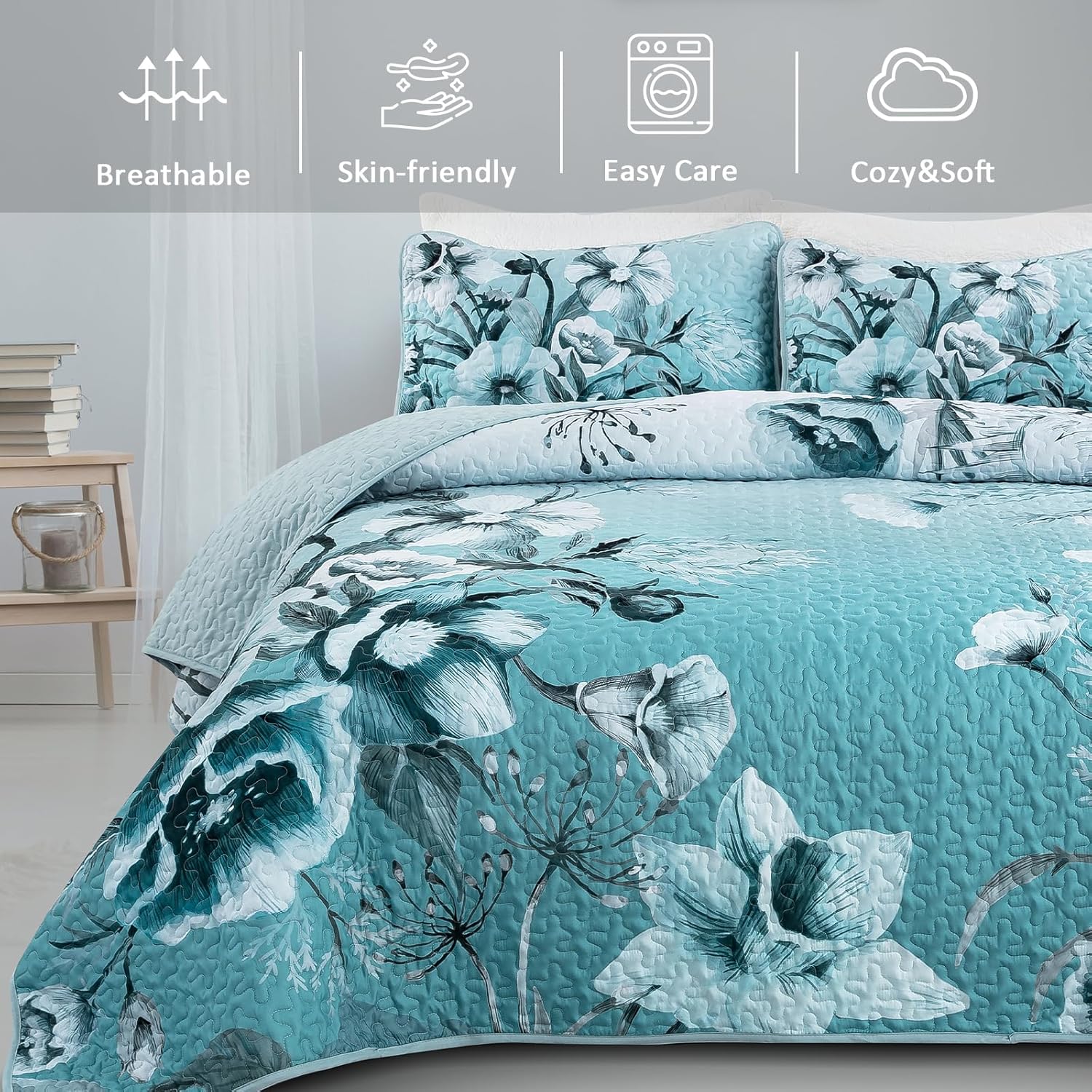 Drucon Blue Floral Quilt Set 3 Piece King Size