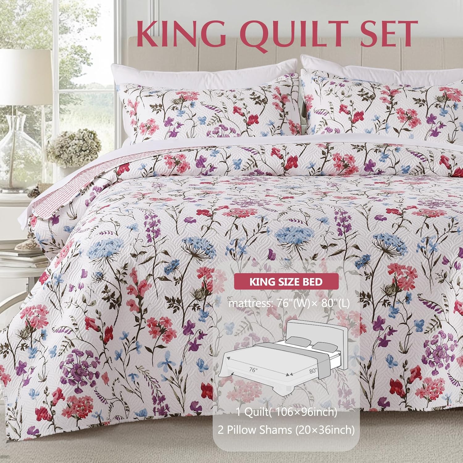 GOONE Reversible Floral Quilt King Set 3 Piece