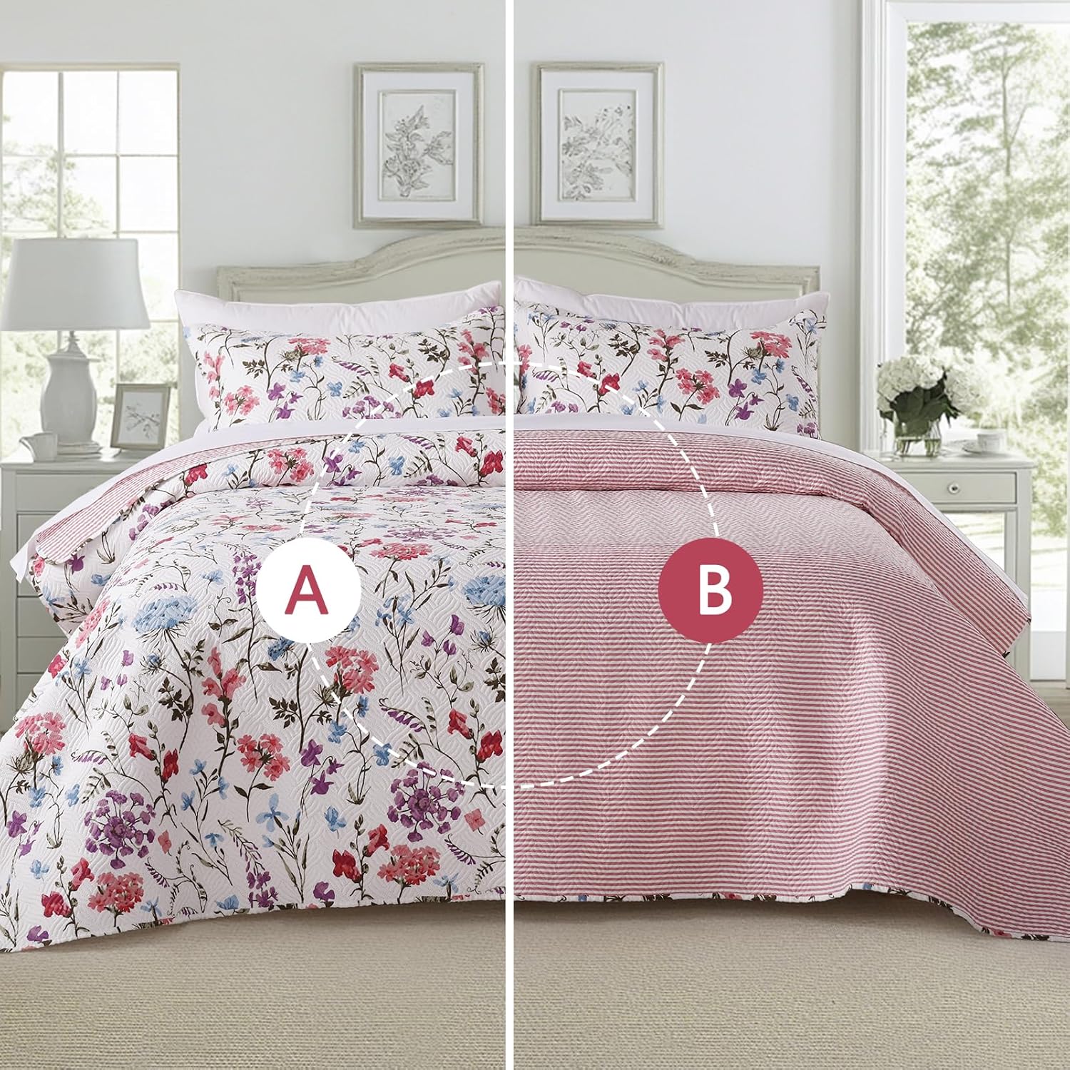 GOONE Reversible Floral Quilt King Set 3 Piece