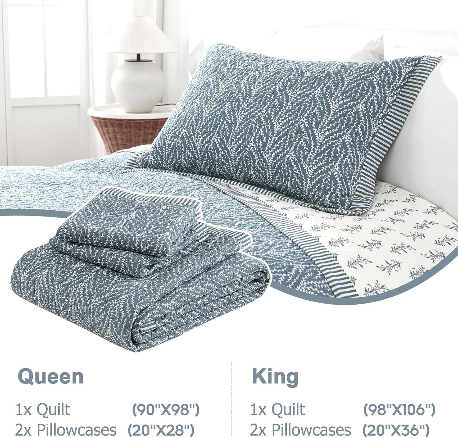 Finlonte Queen Size Cotton Quilt Set - 3 Pcs Grayish BlueWhite