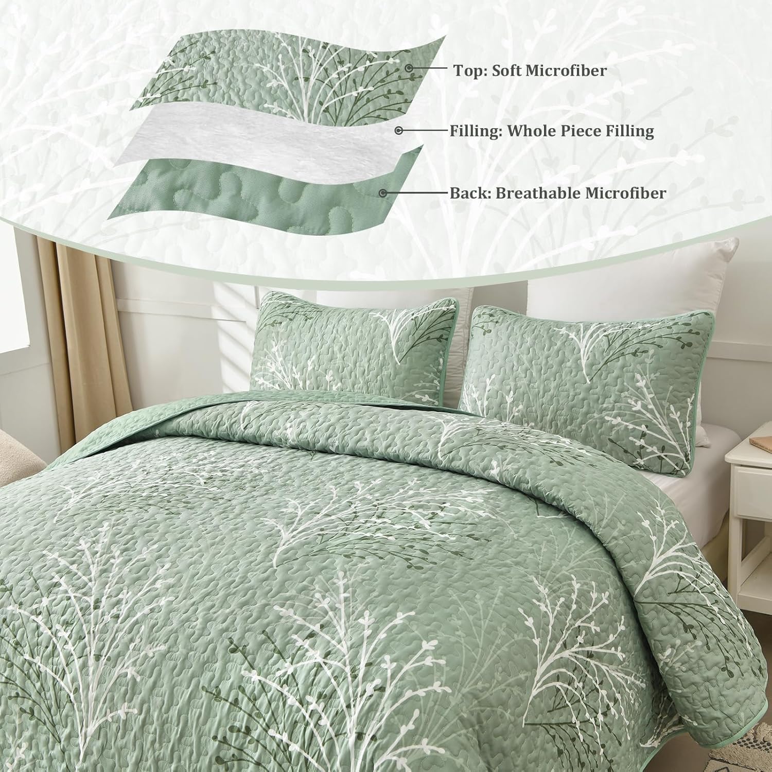 DJY Sage Green Botanical Quilt Set Twin Size