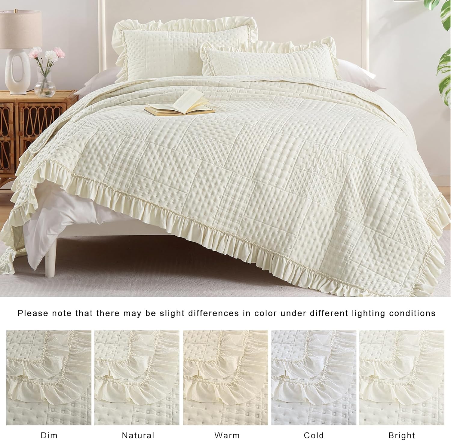 DJY Beige Ruffled Quilt Set 3 Pieces All Season