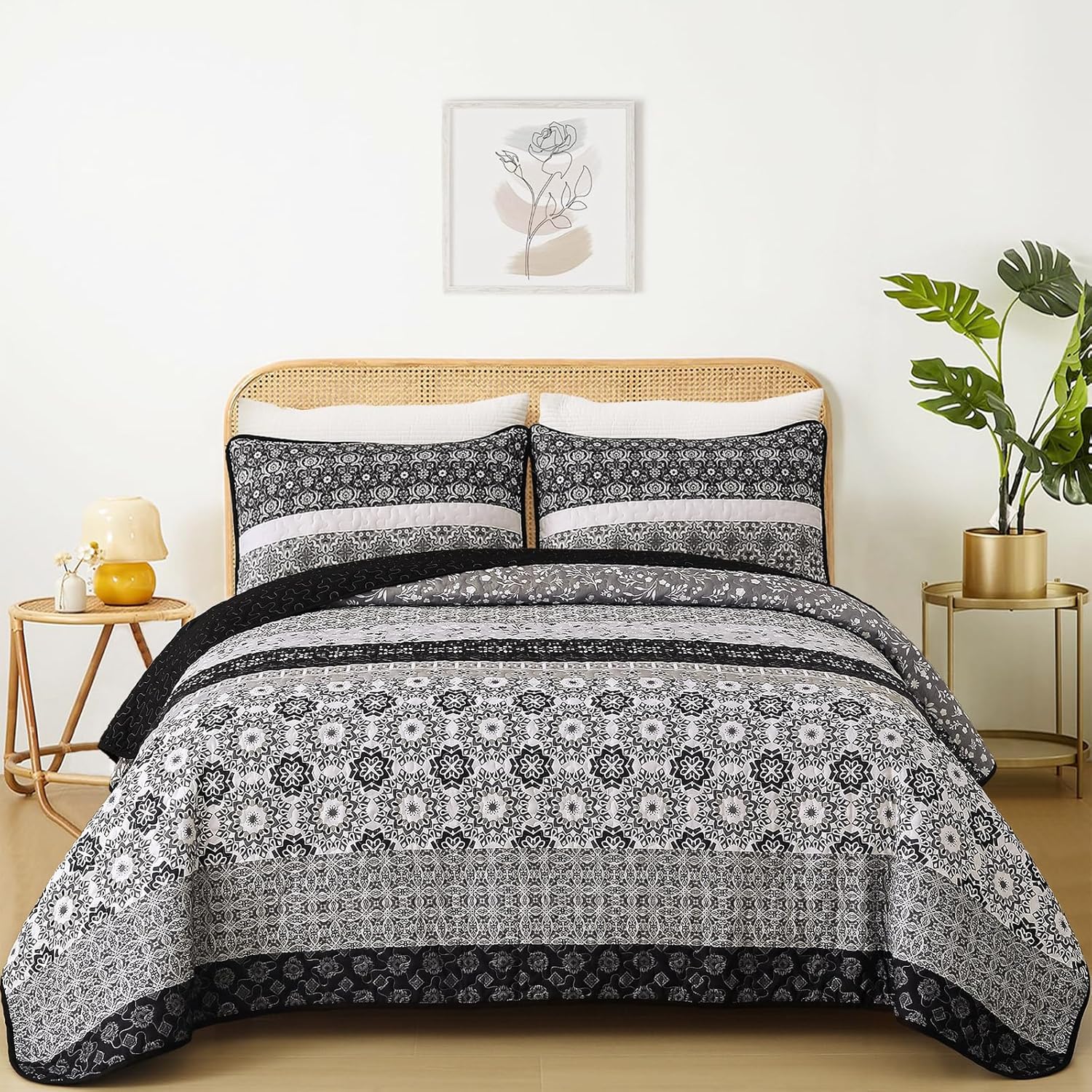 WONGS BEDDING Boho Quilt Set Queen Size 3 Pieces