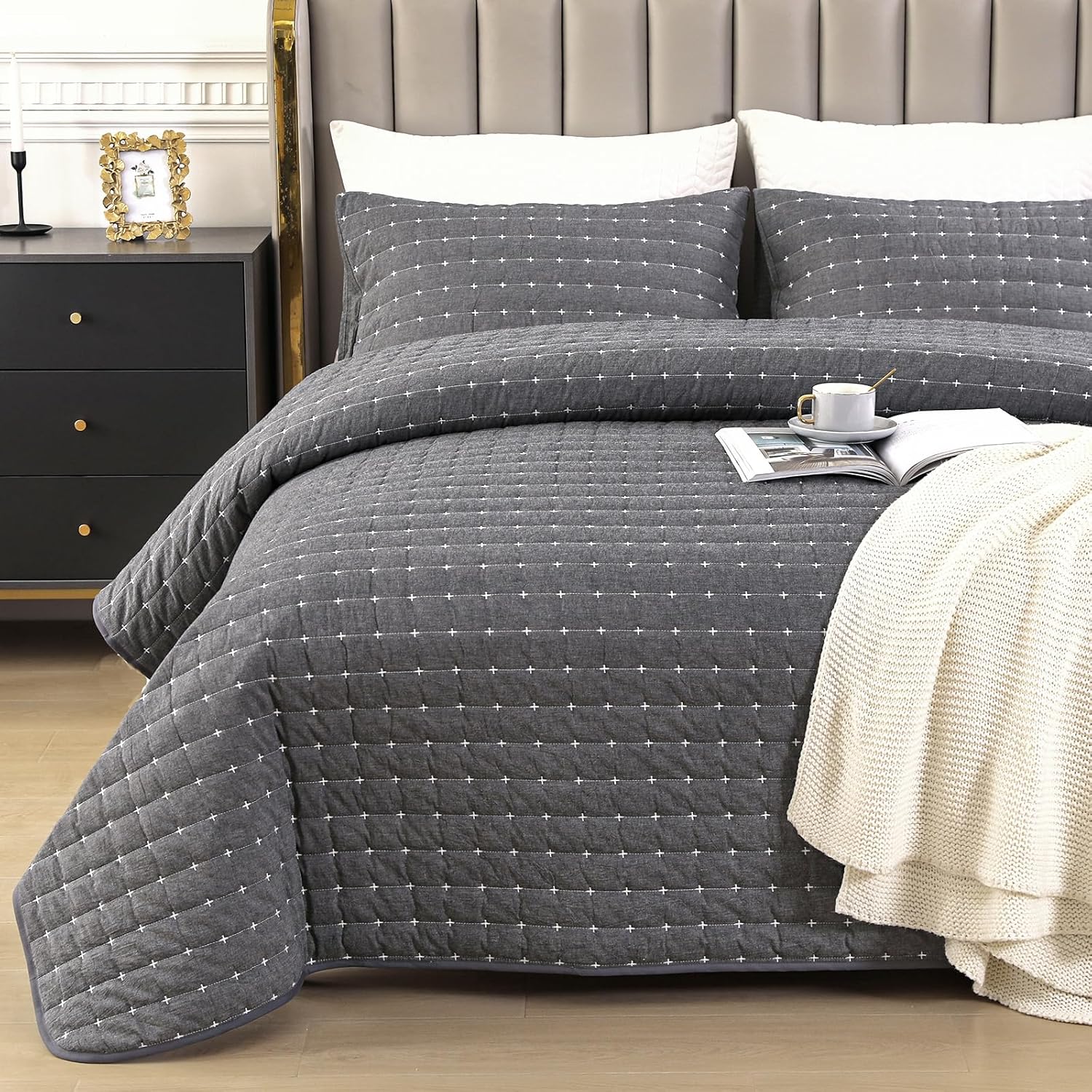 ENJOHOS 100 Cotton Quilt Set Twin XL Dark Grey