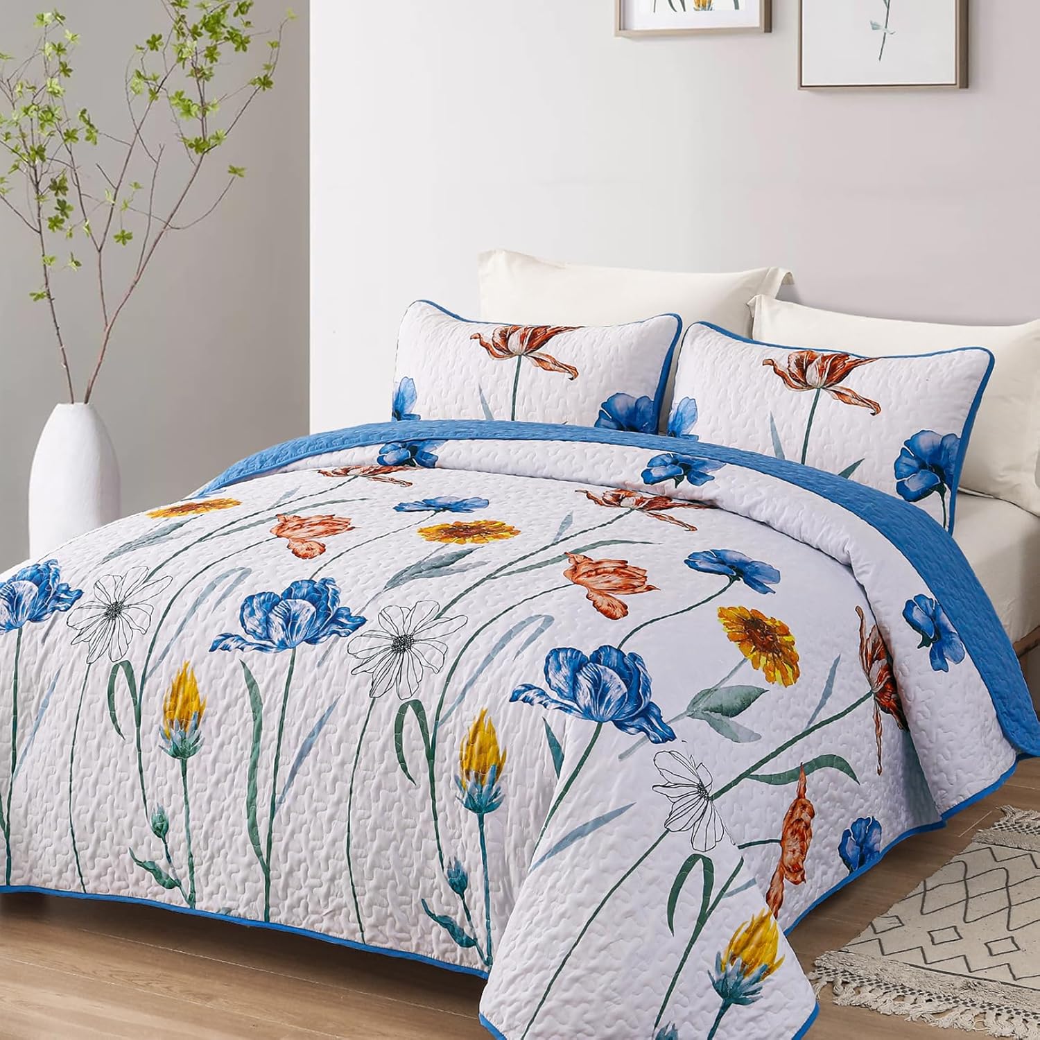 WONGS BEDDING Blue Floral Quilt Set King Size