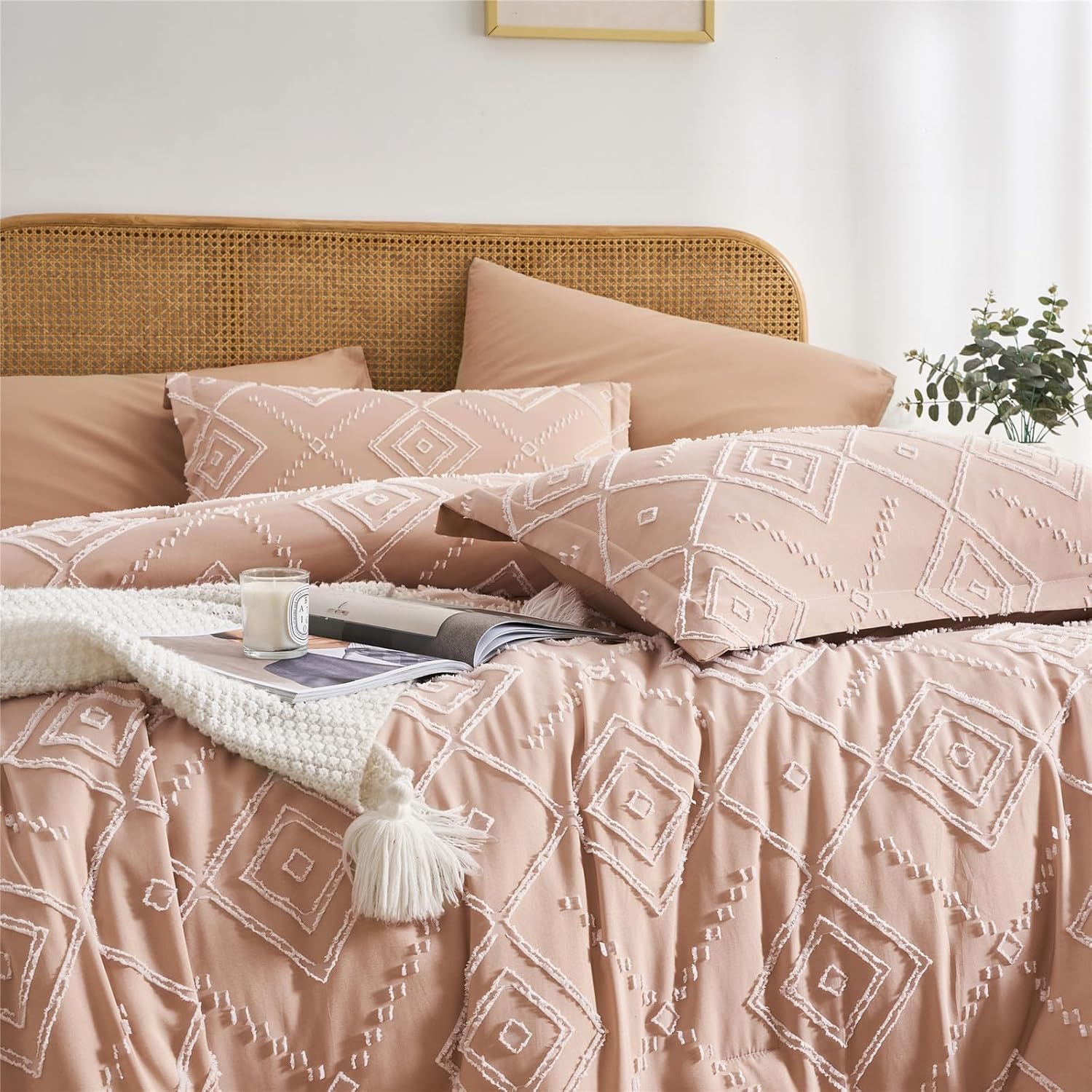 KAKKI Blush Pink Tufted Queen Comforter Set 7 Piece
