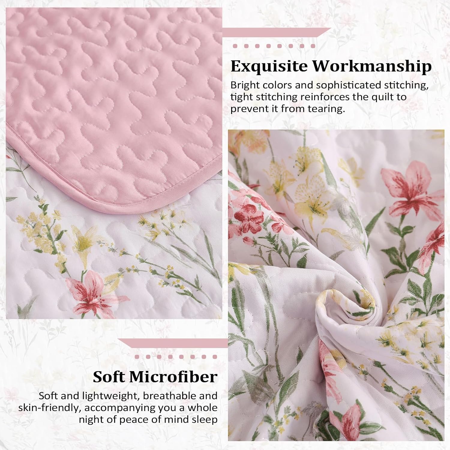 Anibedding King Size Quilt Set with Pink Floral Pattern 1