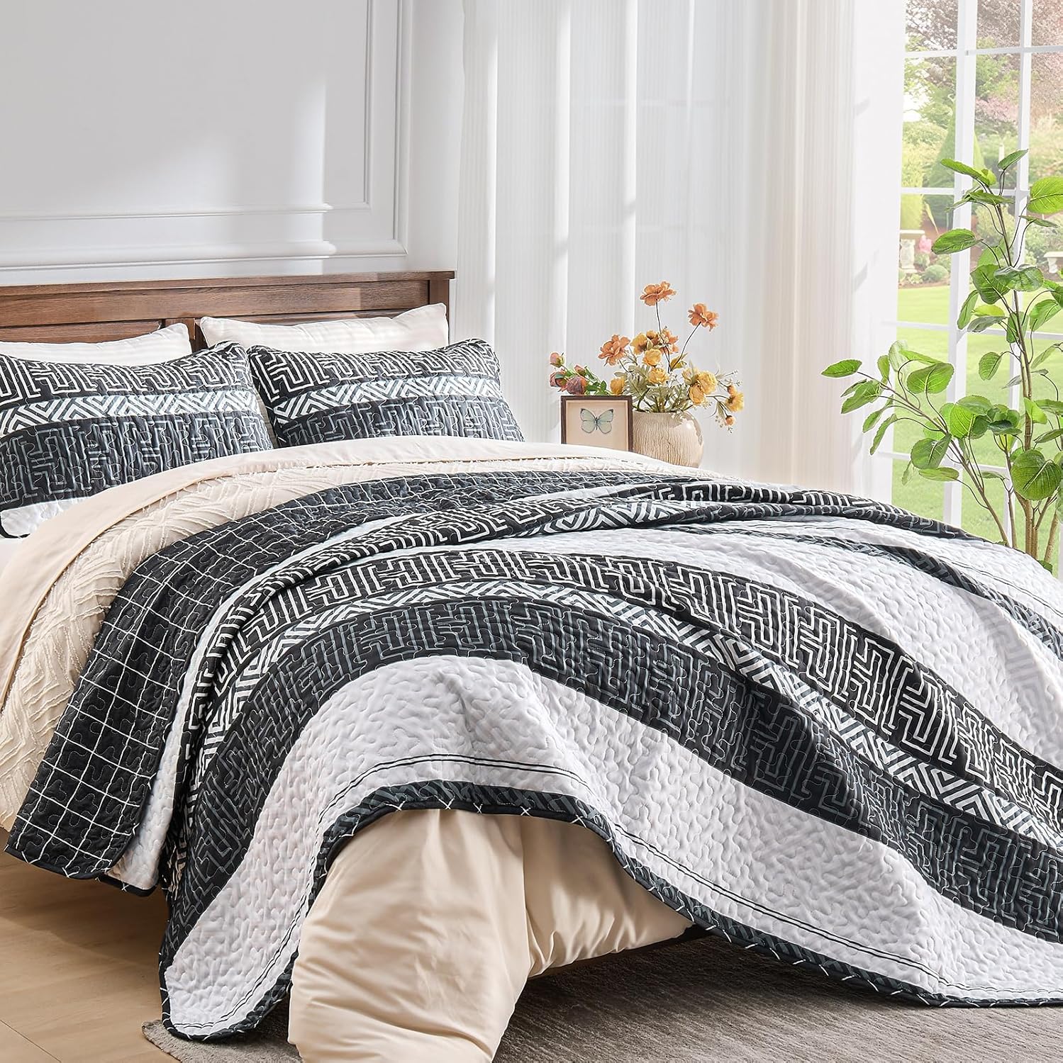 DJY Striped Quilt Set King Size 3 Pcs Black White